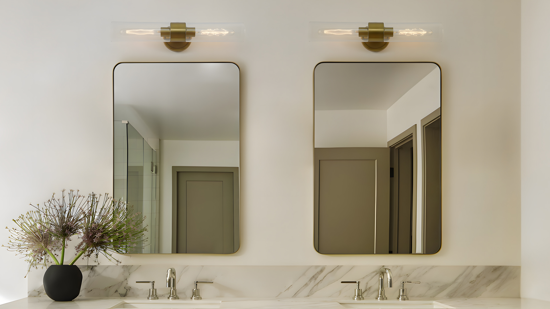 Image of Modern Wall Sconces Set of Two, Brass Gold Bathroom Light Fixtures with Handblown Clear Glass Hardwired Wall Mounted Lamp for Bathroom Vanity Bedroom Livingroom Hallway