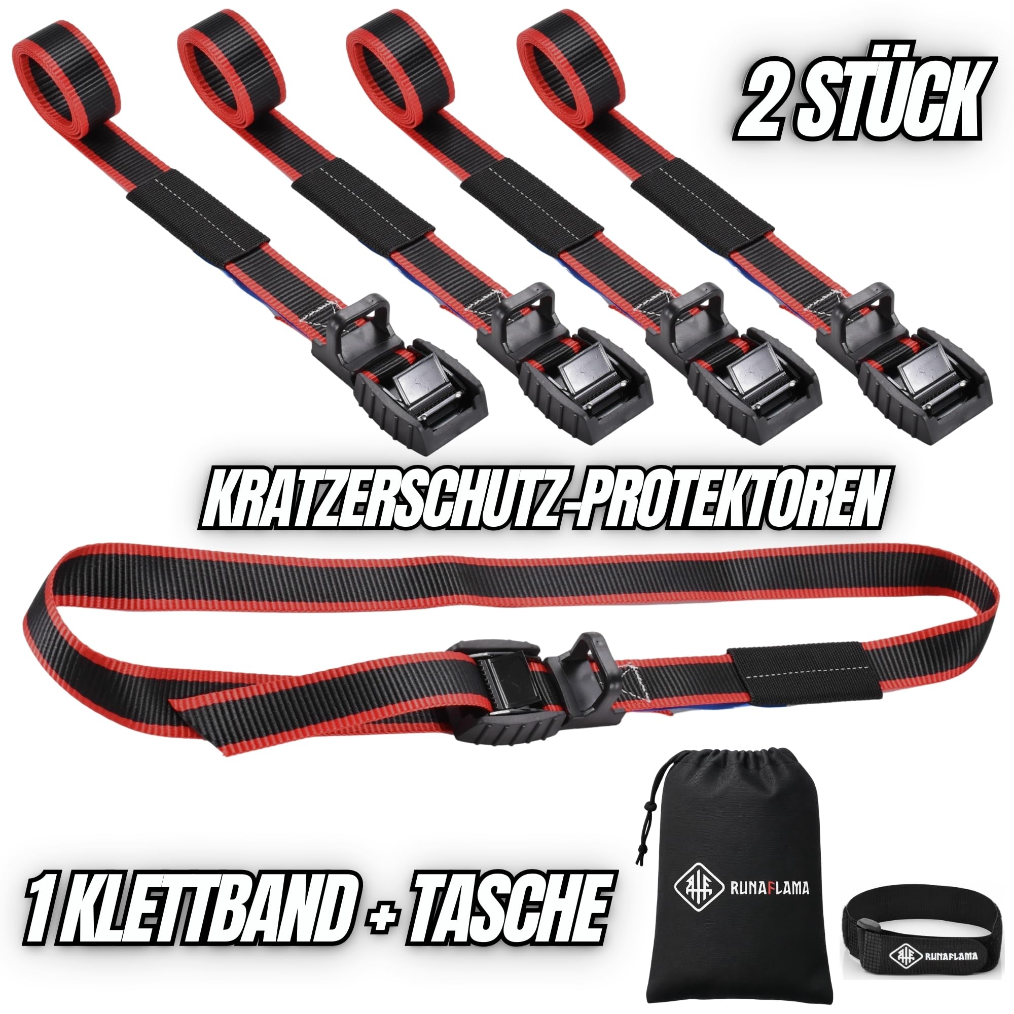 Motorrad Spanngurte 4er Set [500 kg Bruchlast & EN 12195-2 geprüft] – Zurrgurte 1 m mit Gummischutz & Scheuerschutz – Spanngurt Set inkl. Tasche & Klettband (Für Transport & Dachträger) - 3