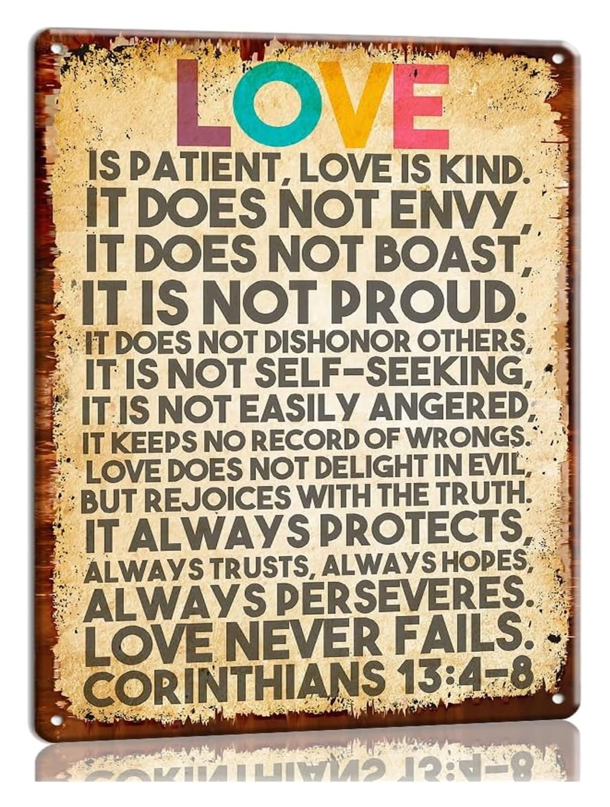 EKFBQBGW Bible Verse Metal Sign Love Is Patient Love Is Kind 1 Corinthians 13 4-8 Clean Layout Classic Tin Art for Sunroom Hallway Entry Table 8 X 12 inch