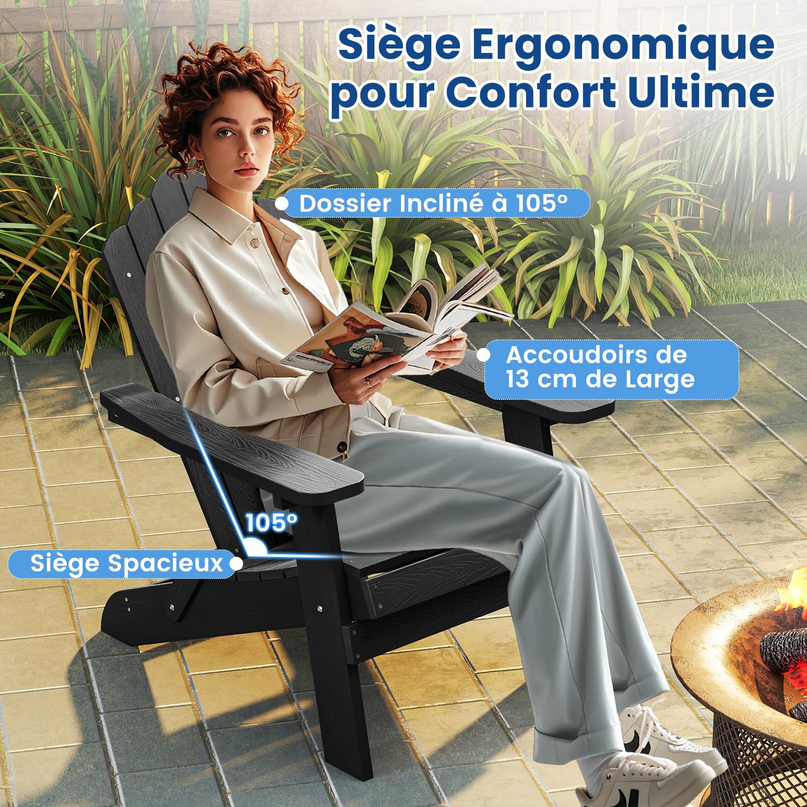 GOPLUS Fauteuil Jardin Exterieur Réglable à 4 Positions, Fauteuil Adirondack Pliable avec Repose-Pied, Chaise de Jardin Exterieur en HIPS, Idéal pour Patio, Terrasse, Cour, 88 x 77 x 95 CM (Noir)