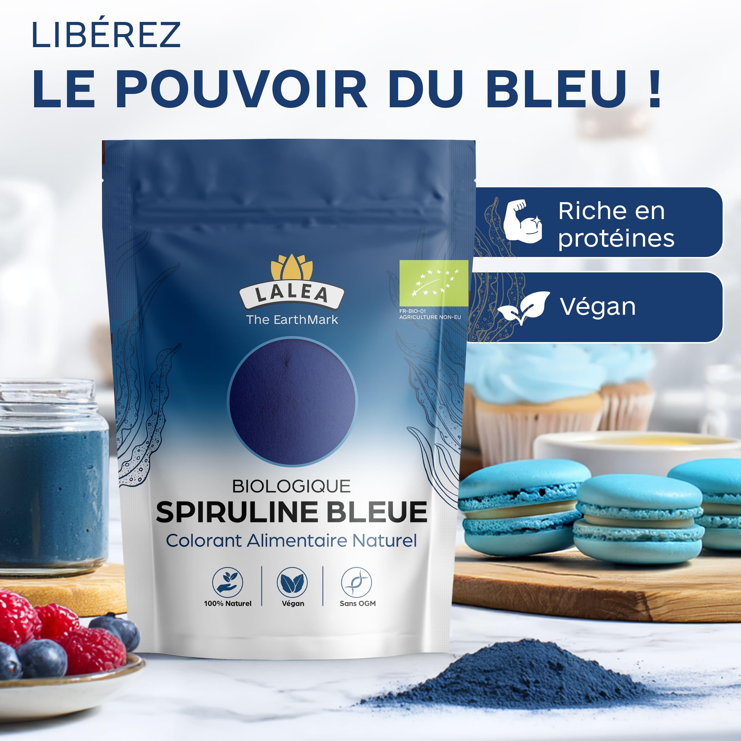 LALEA Spiruline Bleue BIO en Poudre 55g – Phycocyanine Bleue Pure Bio – Colorant Alimentaire Poudre Bleu Naturel (E18) – Spiruline Bleu Poudre pour Smoothies, Pâtisserie, Boissons & Desserts