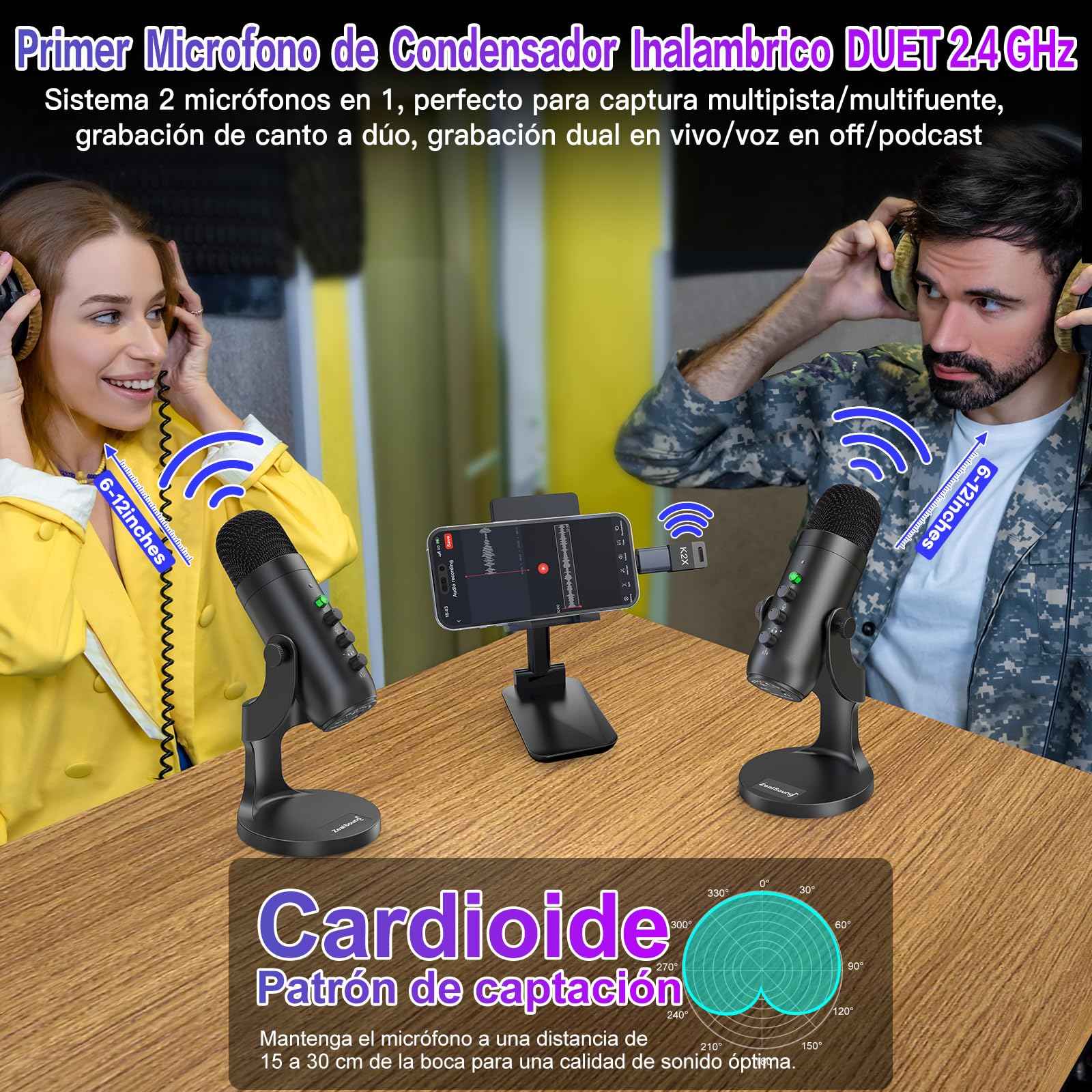 Kit de micrófono de podcast USB inalámbrico 2 en 1 zealsound para PC/iPhone, micrófono de condensador con cancelación de ruido Plug & Play para grabación de juegos en solitario/dual Stream ASMR TikTok