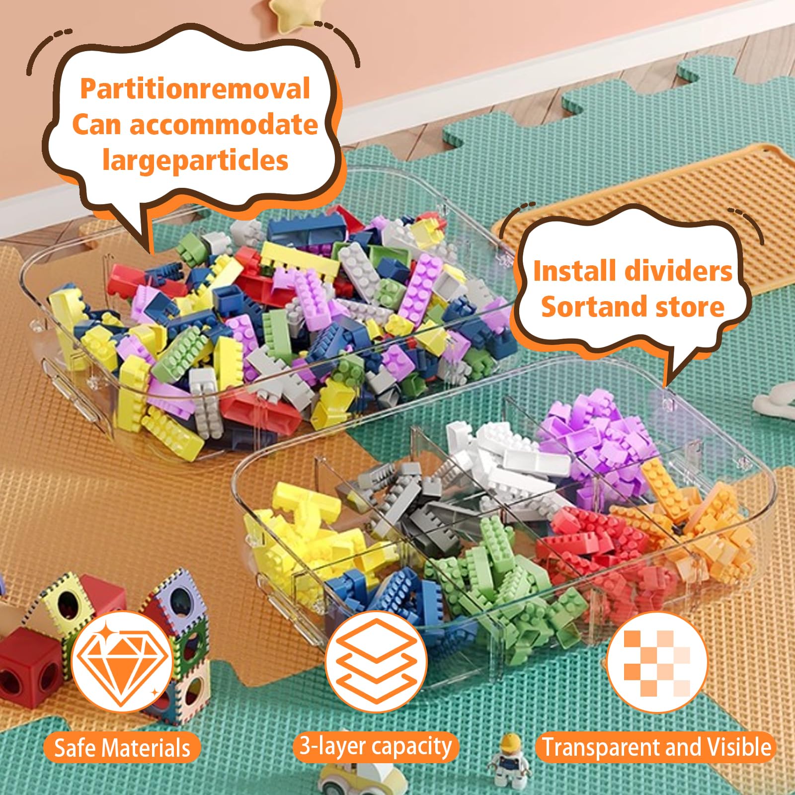 Organizador de almacenamiento para Lego, caja de almacenamiento apilable de 3 capas con tapa de placa base y compartimentos ajustables, organizador de juguetes para bloques de construcción