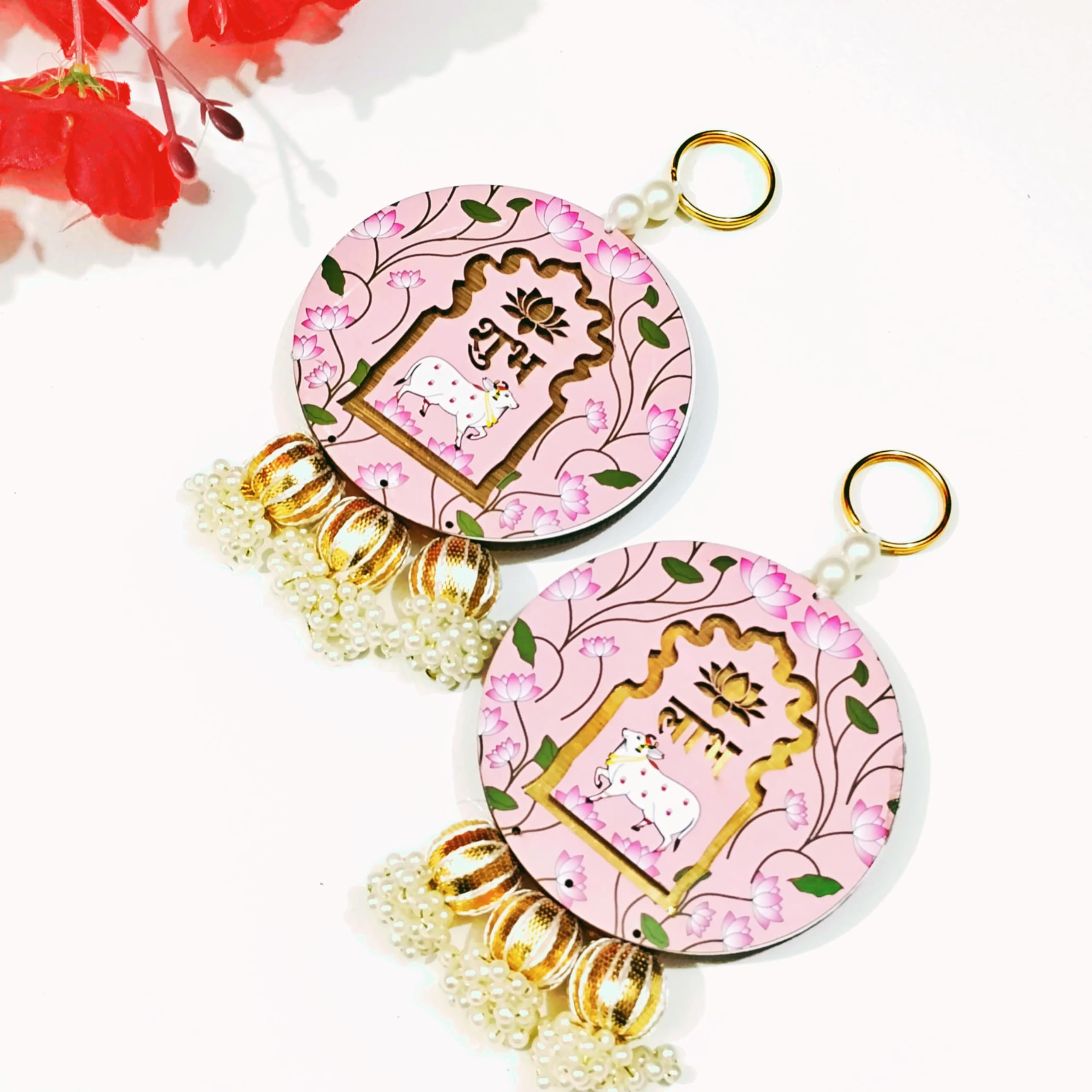 MD Creations Handmade Pichwai Cow Shubh Labh Hanging for Main Door Entrance, Diwali Puja Decoration, Navratri, Home Temple, Mandir - Wooden Hanging Shubh Labh Pair Festive Decor (Pink) (B0DHJQTNBW) Amazon Price History, Amazon Price Tracker