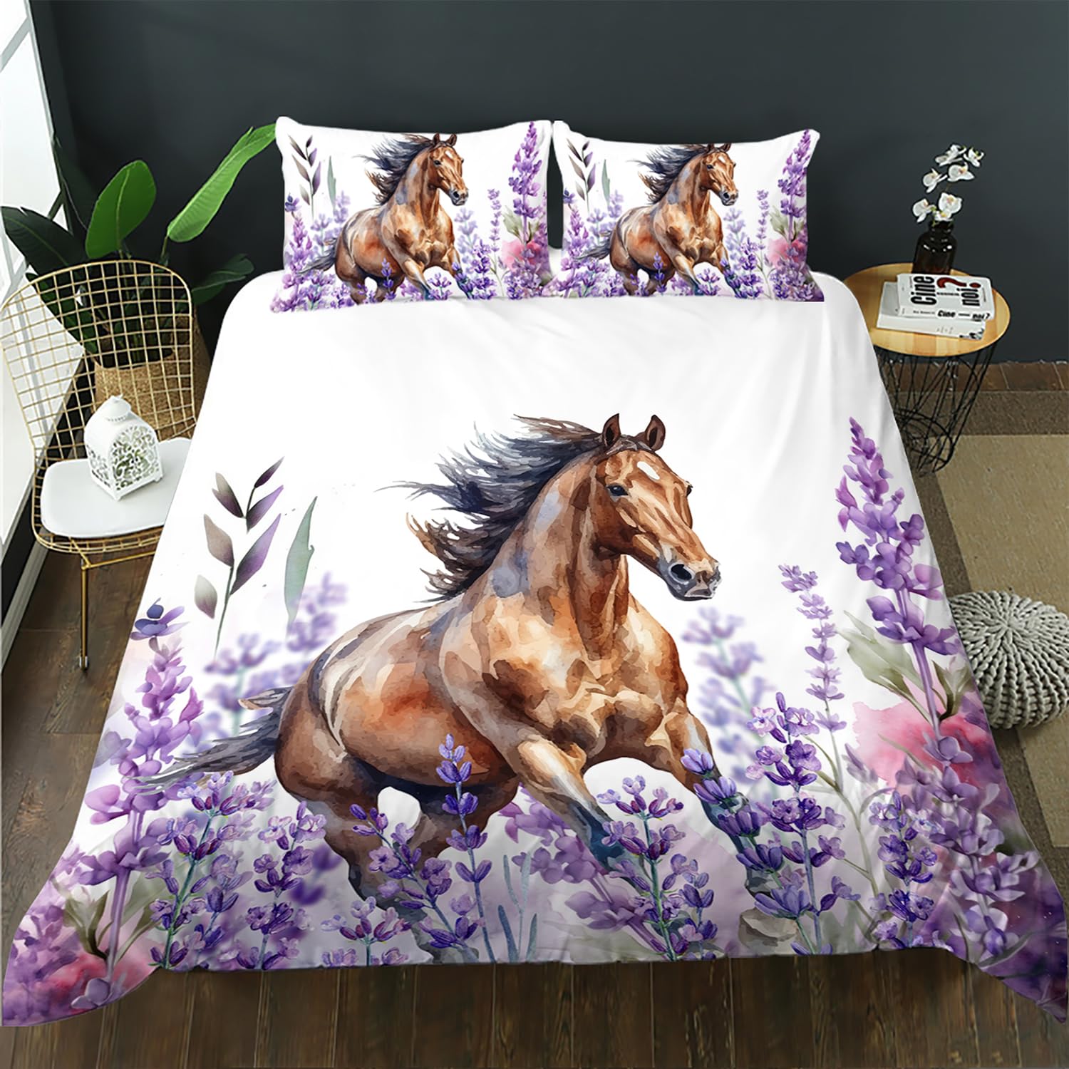 AILONEN Horse Duvet Cover Twin Size, Galloping Horse Bedding Set for Boys Girls Kids,Lavender Flowers Comforter Cover 3PCS,1 Quilt Cover and 2 Pillowcases,Soft Microfiber