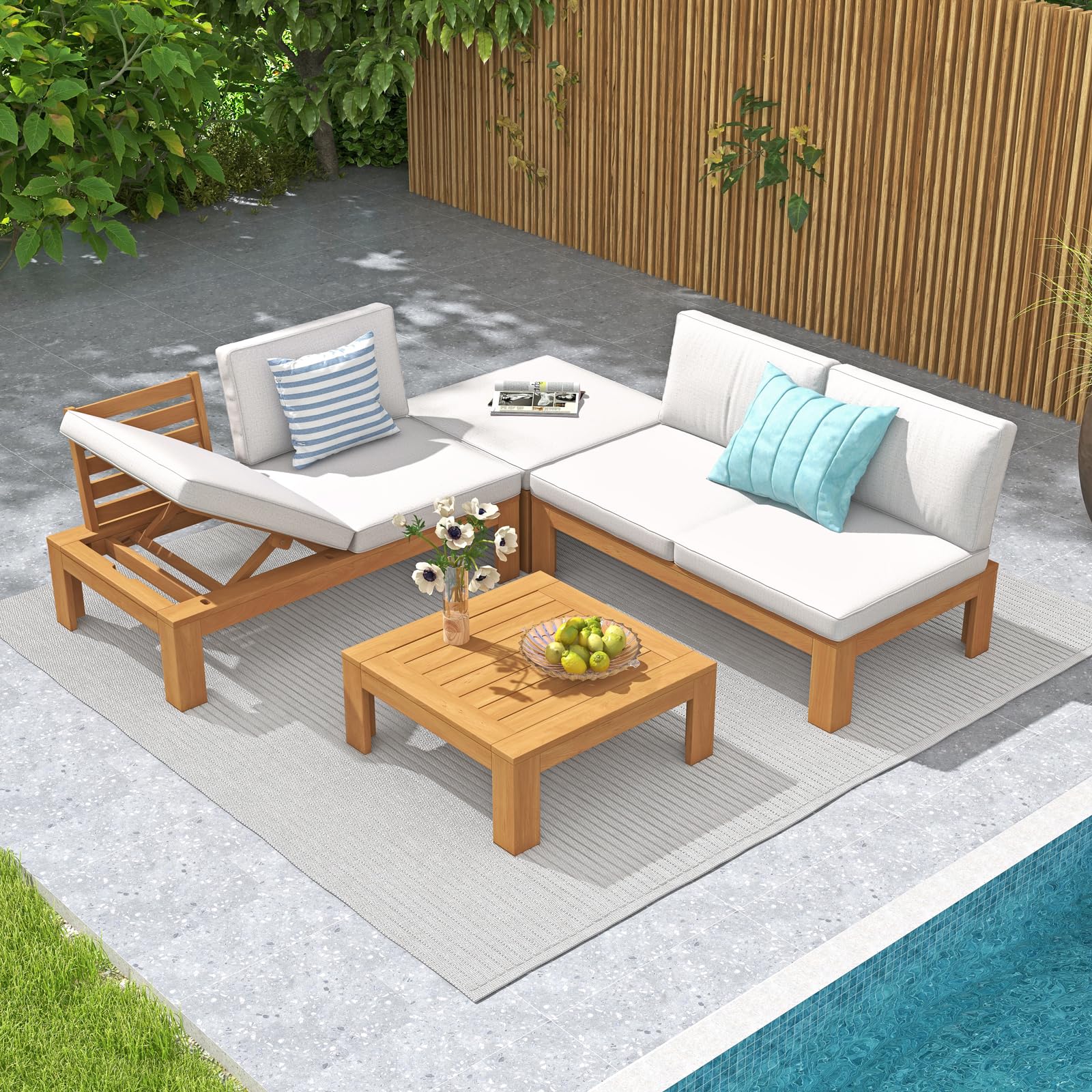 SUNSITT 4 Piece Acacia Wood Patio Furniture Outdoor Sectional Sofa Set with Adjustable Armrest, FSC Certified L-Shaped Patio Set w/2-in-1 Coffee Table