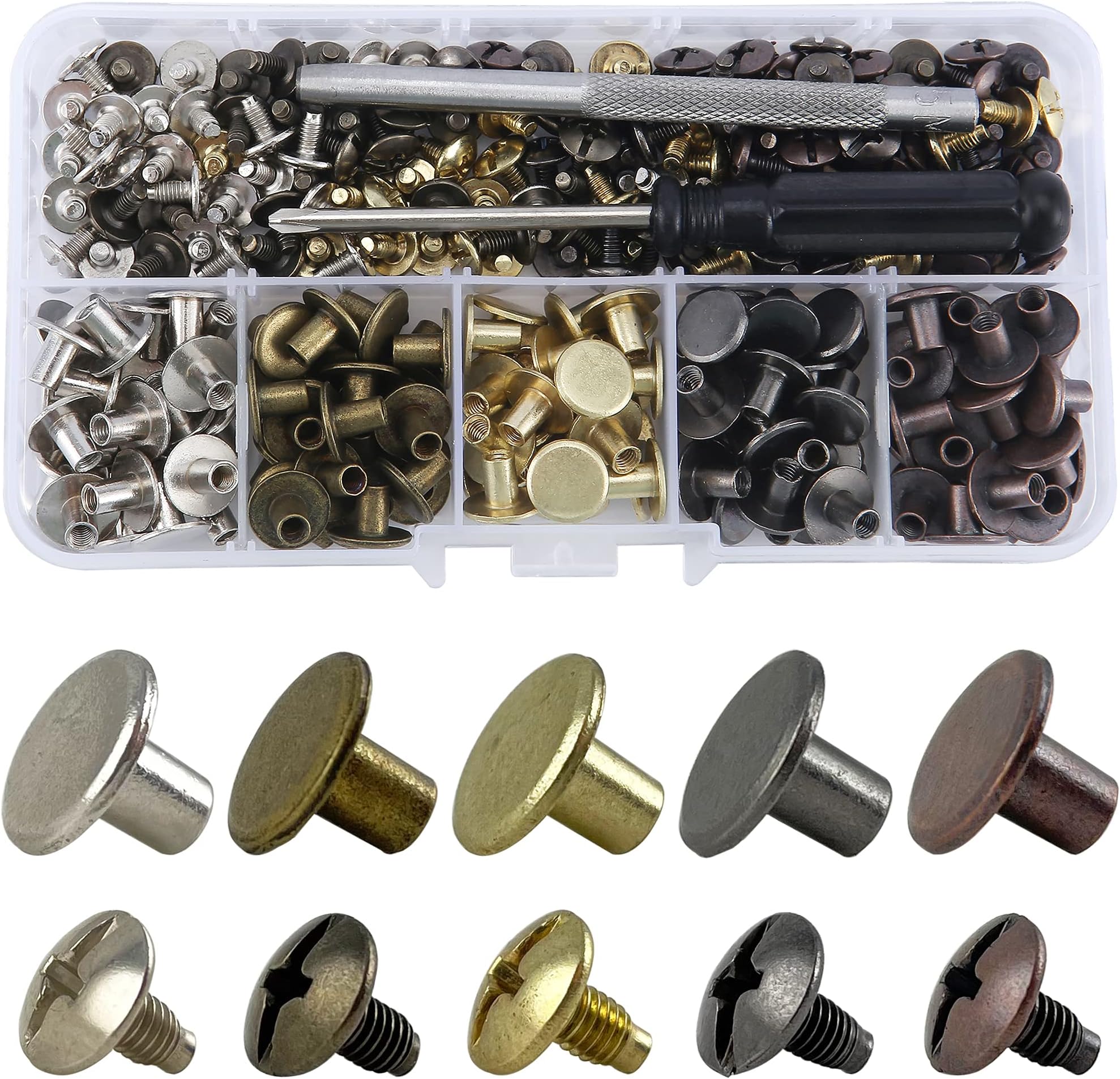 125 Sets Mixed Colors Round Flat Head Chicago Screws for Leather Crafting - Rivet Kit for Clothing, Shoes, Belts, Bags - 25/64 Inch Button Studs