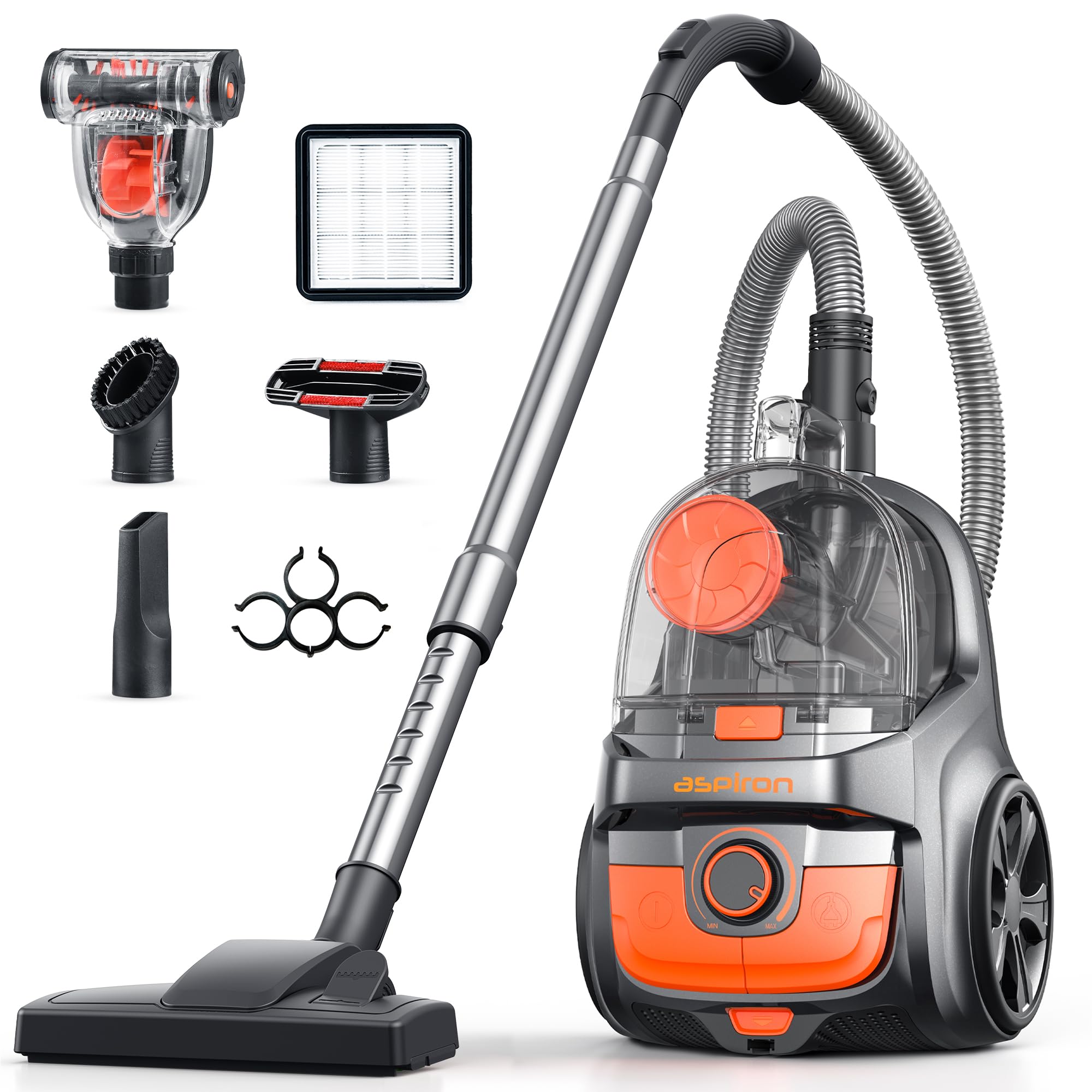 Aspiron Canister Vacuum Cleaner, 40Kpa Bagless Vacuum Cleaners, 4QT Large Dust Cup, Double HEPA Filter, Retractable Cord, 1600W Lightweight Vacuum Cleaner with 5 Tools for Hard Floors, Orange