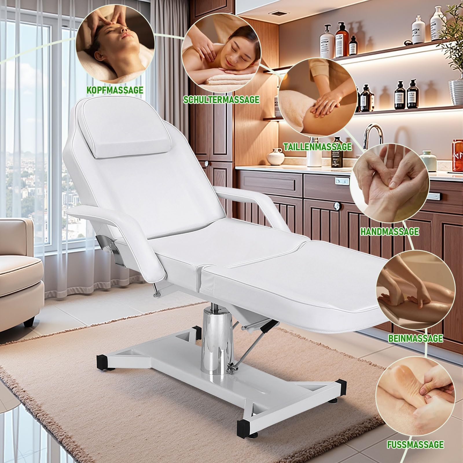 Massageliege Kosmetikliege Klappbar Höhenverstellbar 3 Zone,Tattoo Liege Friseurstuhl für Friseur Spa Schönheitssalon Ausrüstung (Weiß,182cmX82cmX64cm)