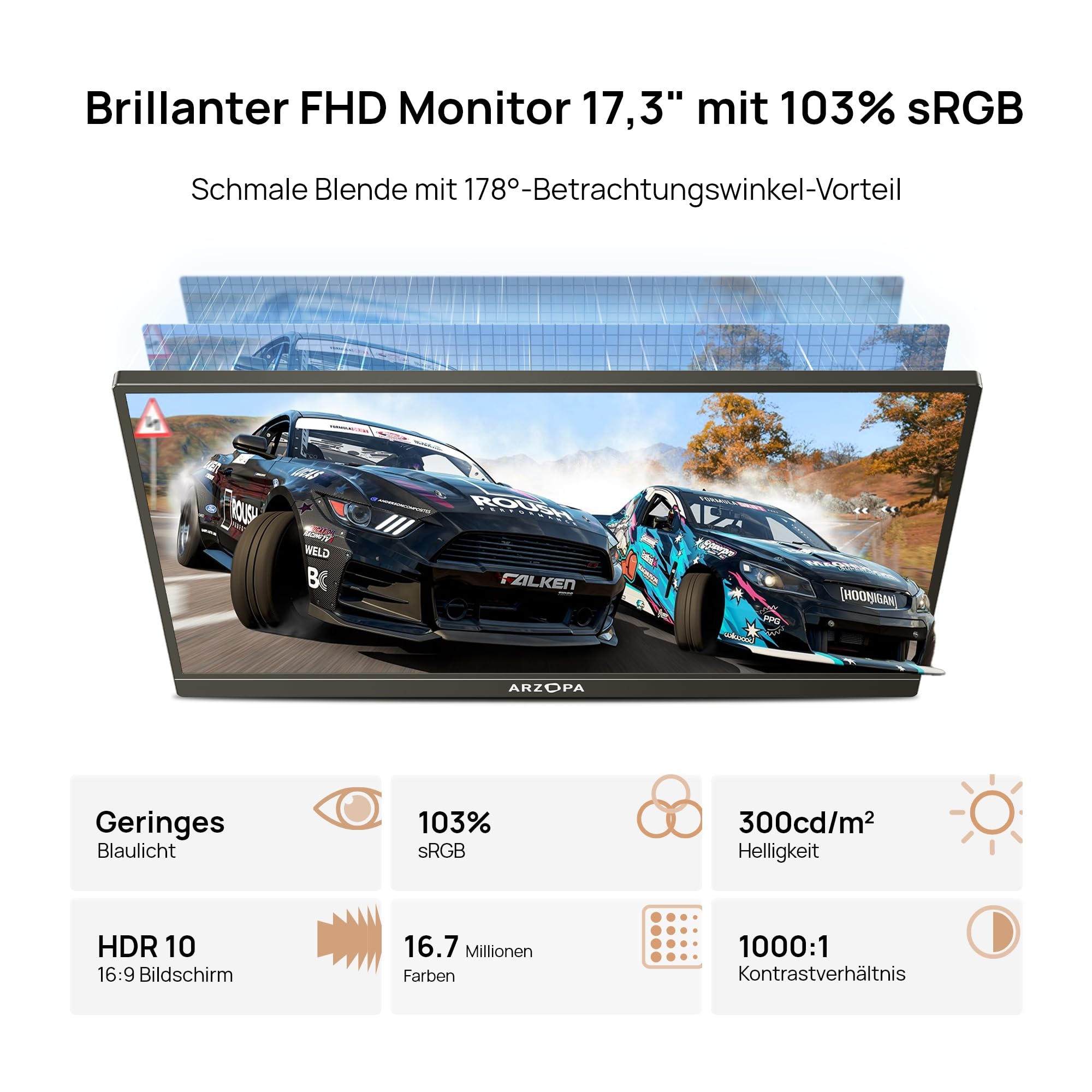 ARZOPA Portable Monitor Großer Tragbarer Monitor mit FHD HDR IPS Display & Standfuß, Perfekt als USB-C und HDMI Zweitbildschirm für Laptop, PC, Smartphone, PS5, Xbox,17.3 Zoll, 103% sRGB A1M, Schwarz