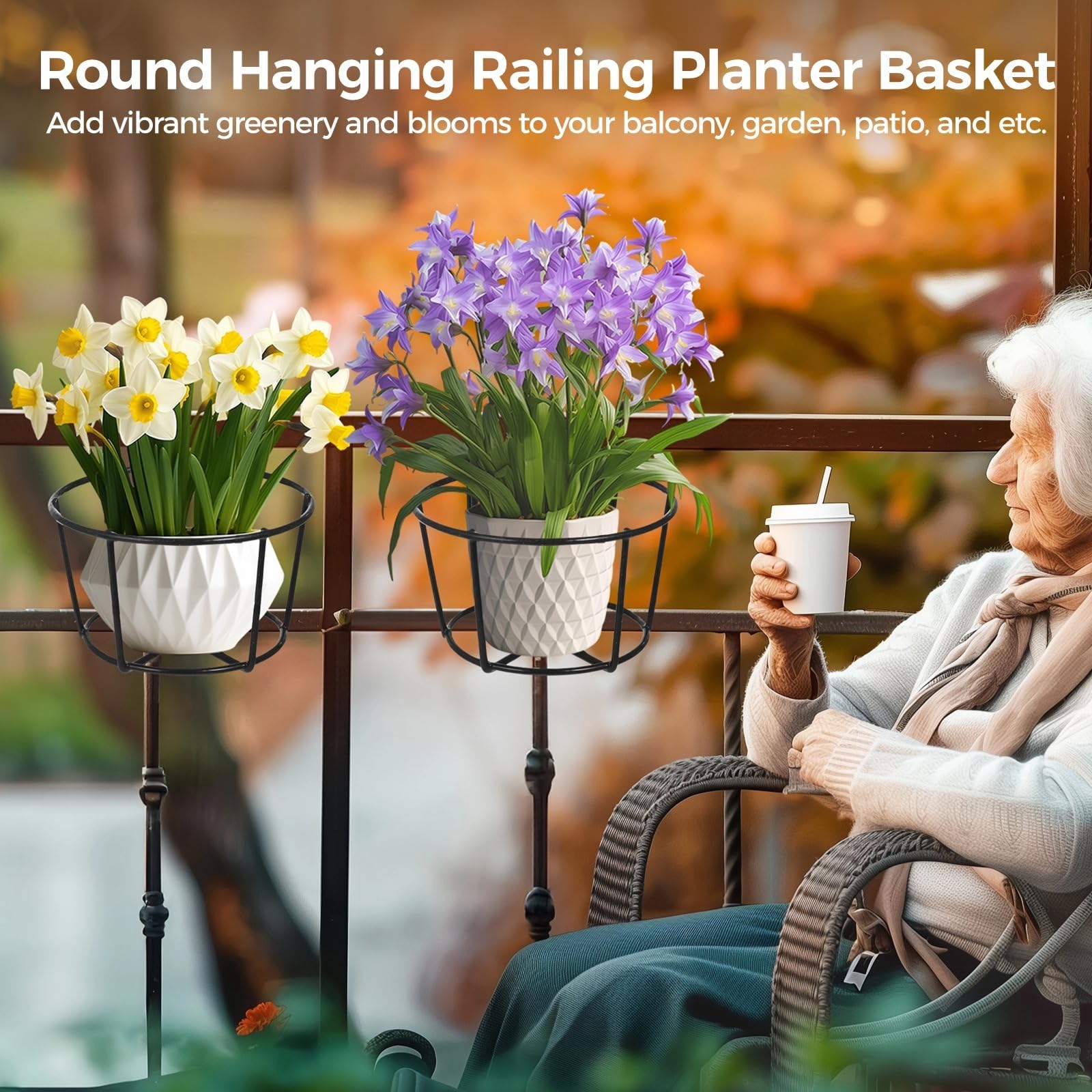 Lot de 6 pots de fleurs ronds à suspendre en fer avec crochets, étagères en métal pour balcons, jardins et espaces intérieurs