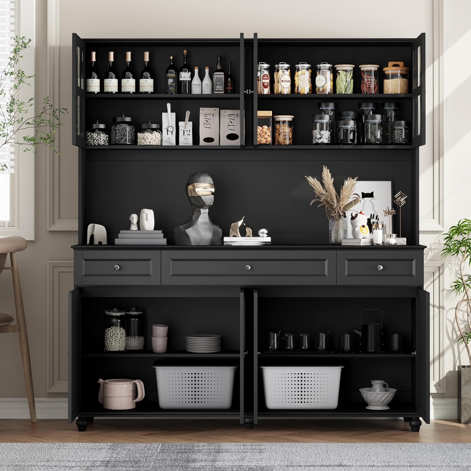 Loomie 71" Tall Kitchen Pantry Storage Cabinet, 63" Wide Kitchen Hutch Cabinet with Large Countertop, Tall Pantry with Drawers, Display Cabinets with Glass Door for Living Room(Black) (Black)