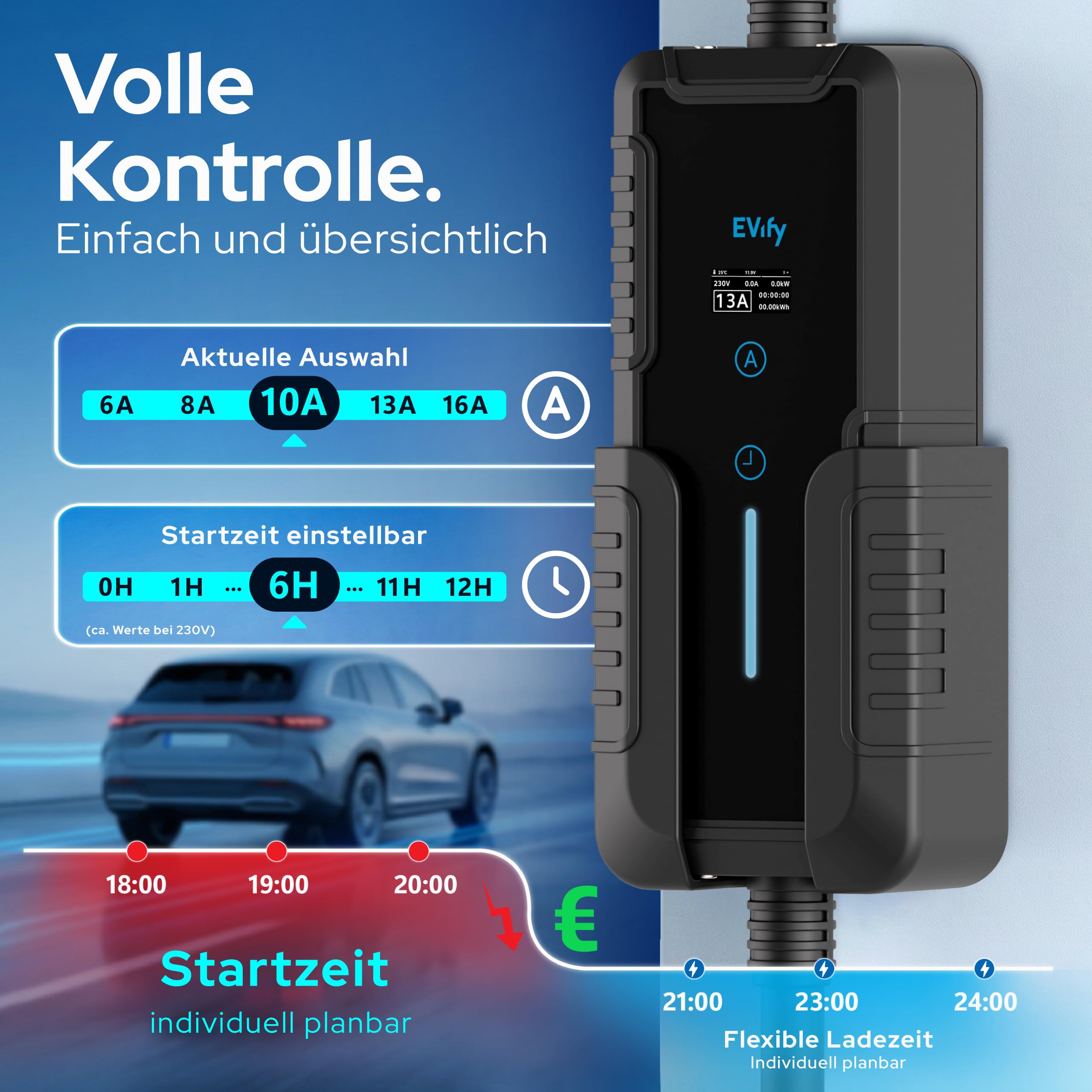 Ladekabel Typ 2 Schuko 3,7kW 7M 16A für Elektroauto & Hybrid inkl. Kabeltasche • Stromstärke/Ladeleistung einstellbar 6|8|10|13|16A, ideal für PV-Anlage • Typ 2 Ladekabel Schuko