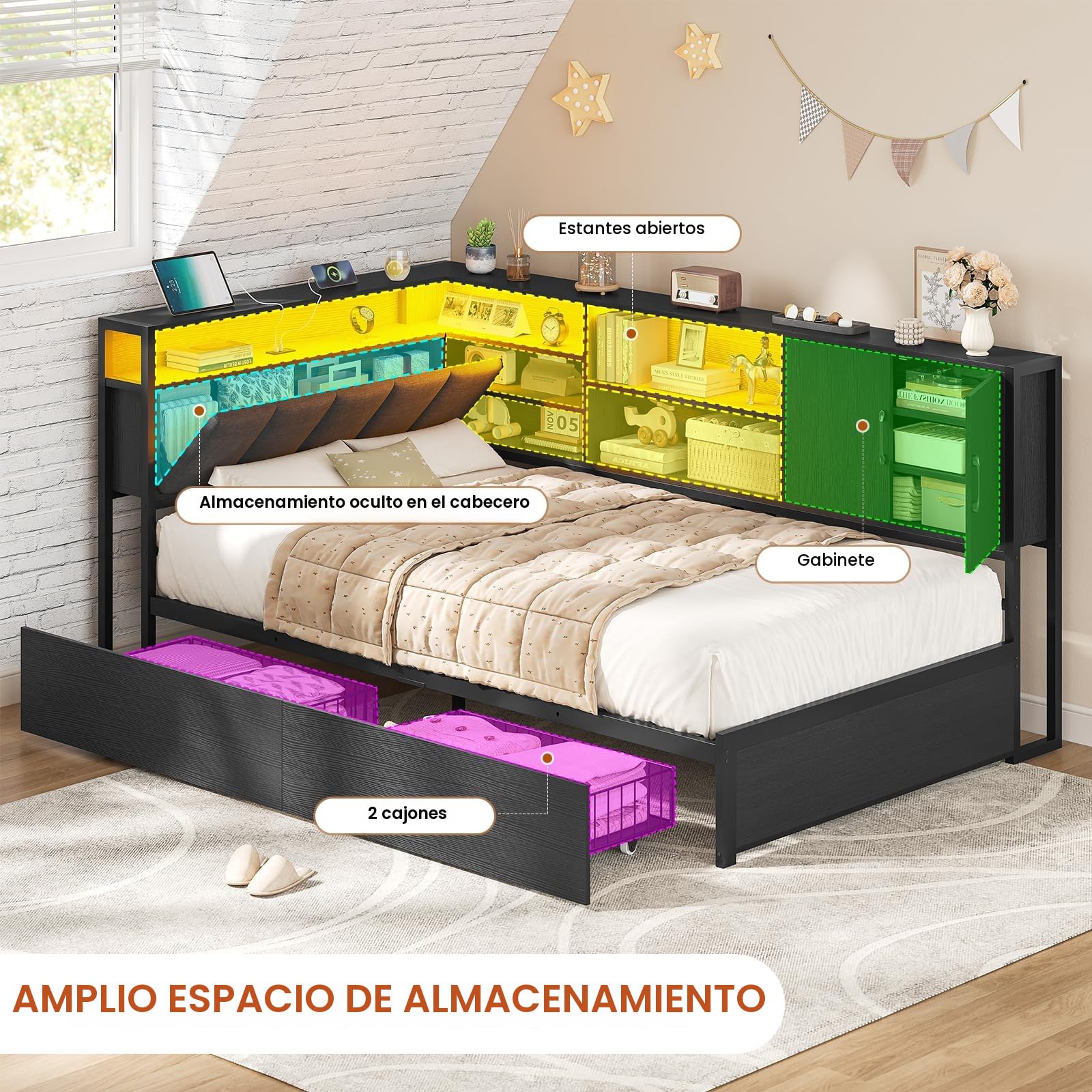 KIMENICH Cama tapizada sofá Cama 90 x 200 cm con iluminación LED, estación de Carga, Camas Juvenil con 2 cajones y somier de láminas de Metal, cabecero con Almacenamiento, estantes Abiertos, Negro