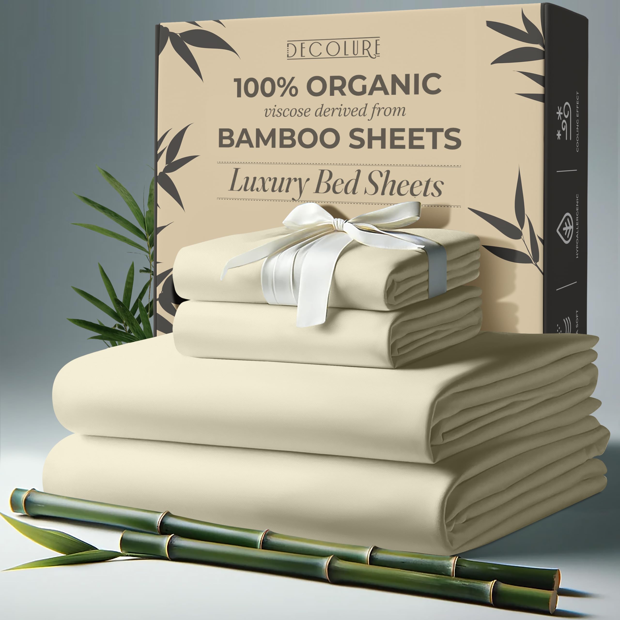 DECOLURE 100% Organic Viscose Derived from Bamboo Sheets King Size 4pcs - Ultra Soft & Luxuriously Cooling, 17" Deep Pocket, Double Stitching, Perfect for Hot Sleepers - King Bed Sheets (Creme)
