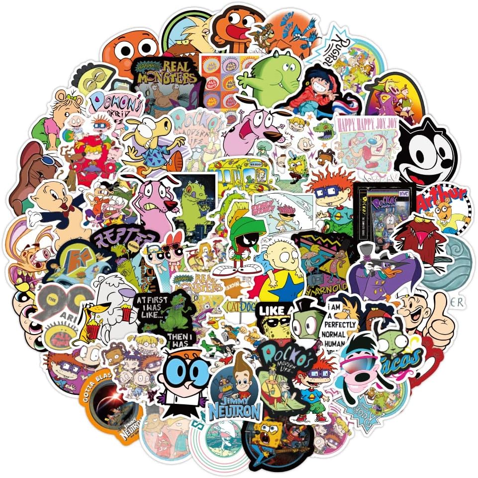100 Pcs Classic Cartoon Stickers Vinyl Waterproof Decals Party Favors for Kids 90s Memories Movie Stickers for Water Bottles Bikes Luggage Computer Skateboard Car Motorcycle