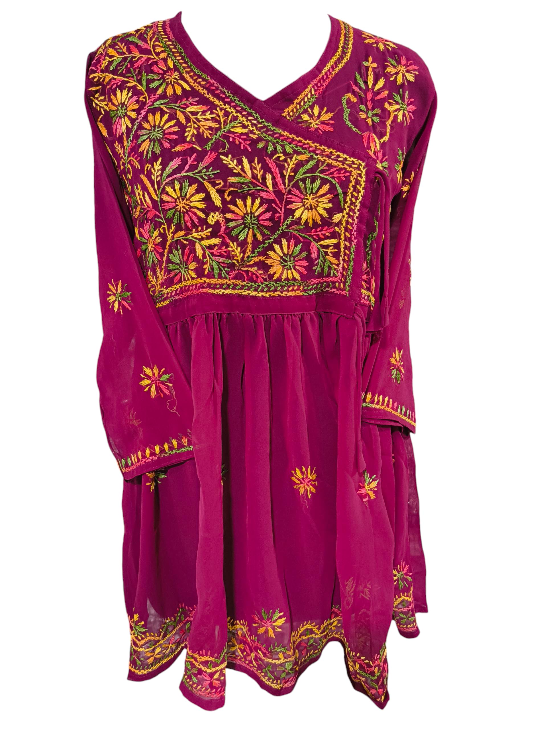 Women Fashion Lucknowi Chikankari Chiffon Fabric Handwork Multi Thread Design Short Frock for Girls. (in, Alpha, S, Regular, Maroon)-picture-12