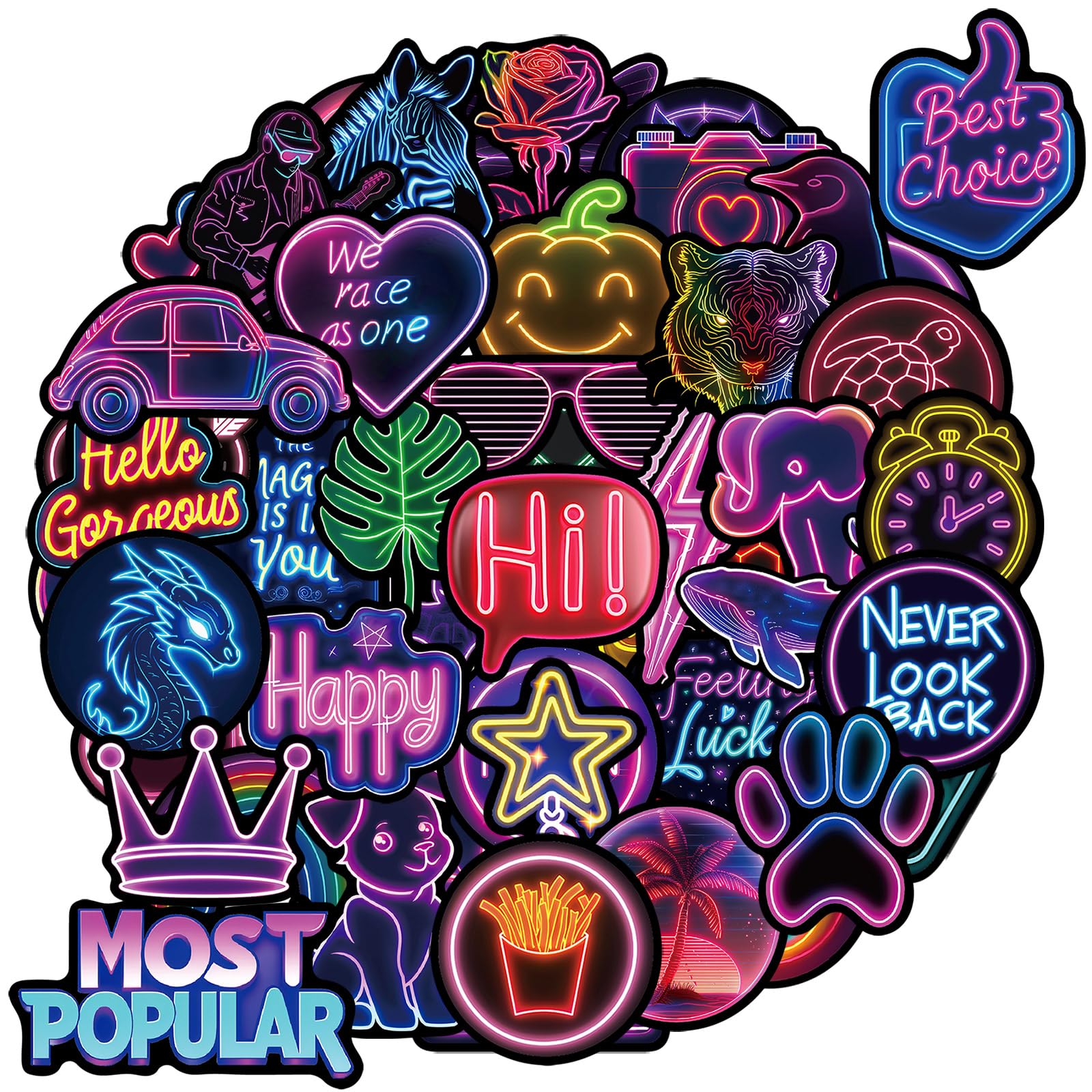 100 Pcs Neon Stickers for Kids Teens Adults, Waterproof Stickers for Water Bottle Laptop, Cool Neon Party Favors & Decorations