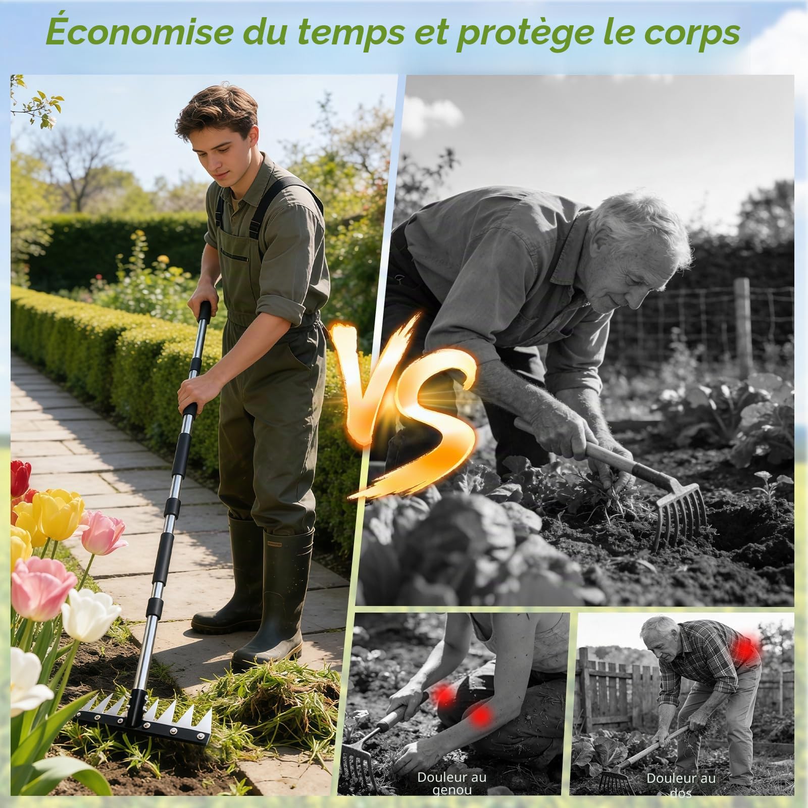 Rateau De Désherbage, Râteau Jardin avec Manche(155cm) Dents Râteau De Désherbage Multifonction en Acier au Manganèse pour Désherber, Desserrer et Semer (8 Dents)