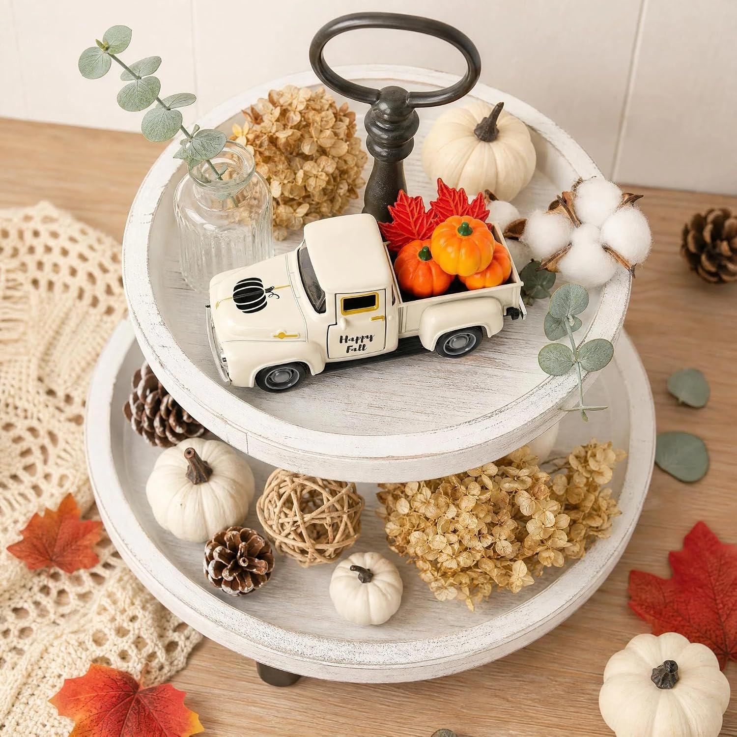 Fall Thanksgiving Farmhouse Truck Home Decor with 3 Fake Pumpkins