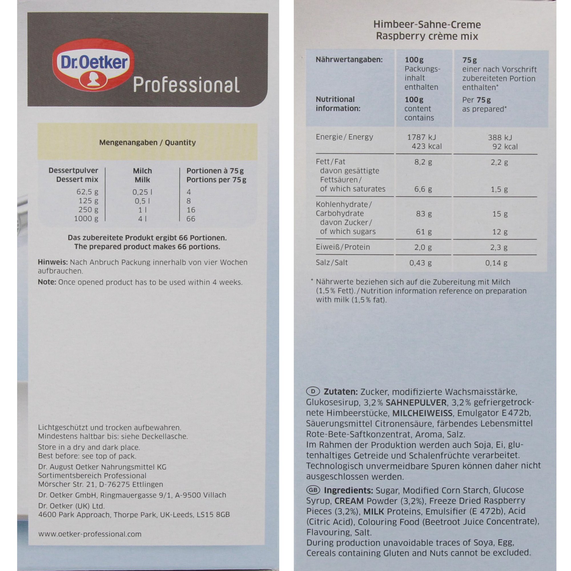 Dr. Oetker Professional Himbeer-Sahne-Creme, Dessertpulver in 1 kg Packung