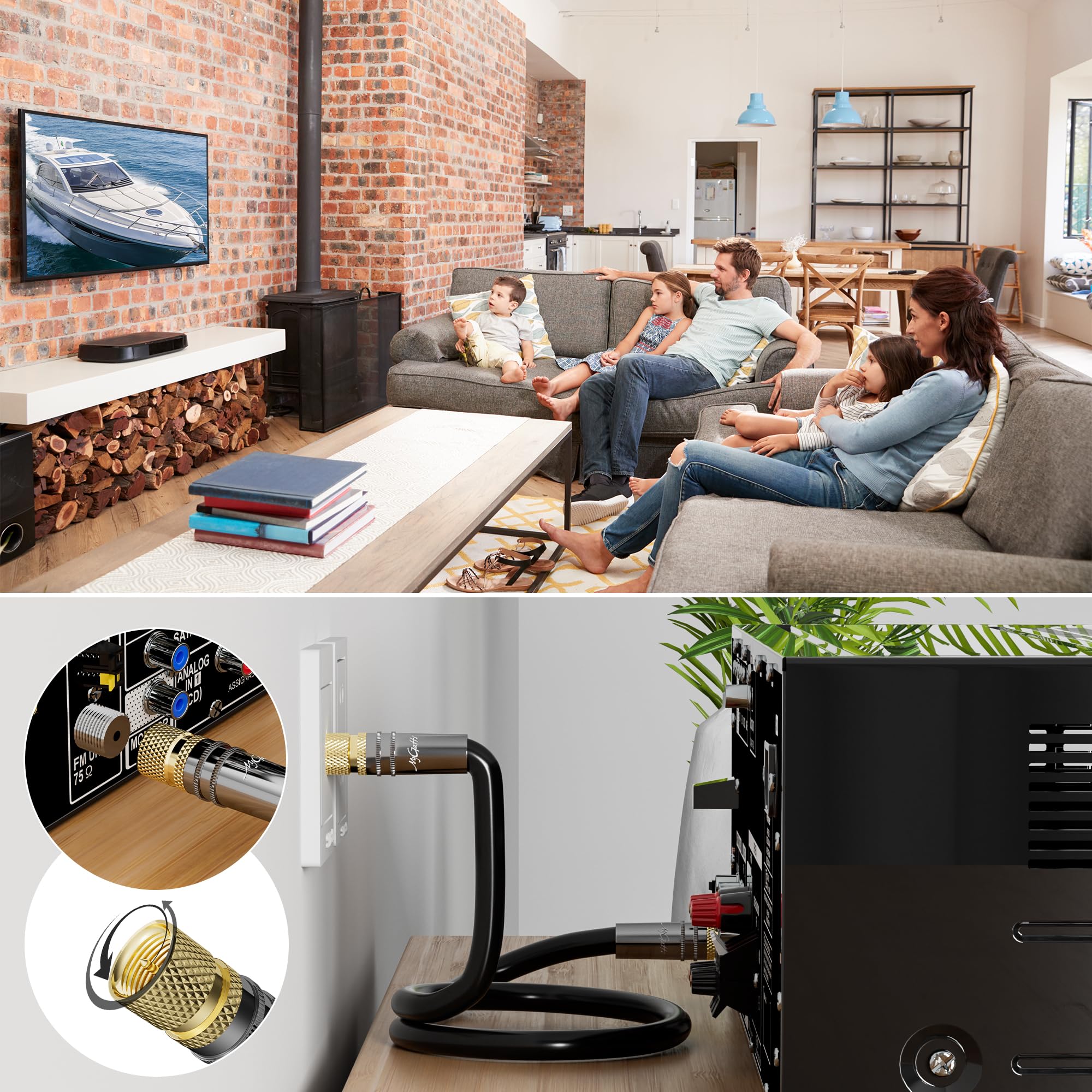 Câble d'antenne de 1.5 mètres, câble satellite coaxial HD–2x connecteurs F,capuchon en métal plaqué or, prend en charge HDTV,DVB-T2, DVB-C, DVB-S, pour réception numérique et analogique.