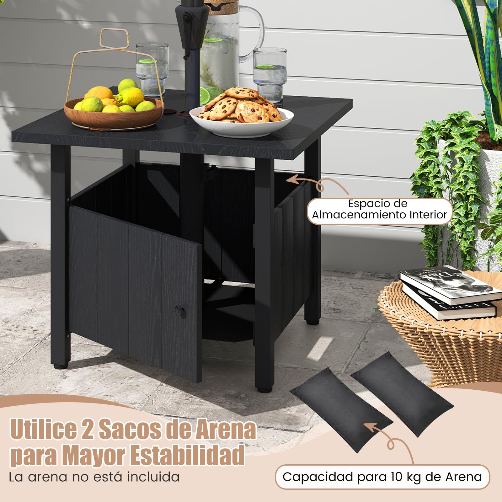 COSTWAY Mesa Auxiliar Cuadrada con Agujero para Sombrilla 48mm, 2 Bolsas de Arena, Mesa Jardin Terraza Balcon Exterior Interior, 55.5 x 55.5 x 48 cm, Carga 80kg