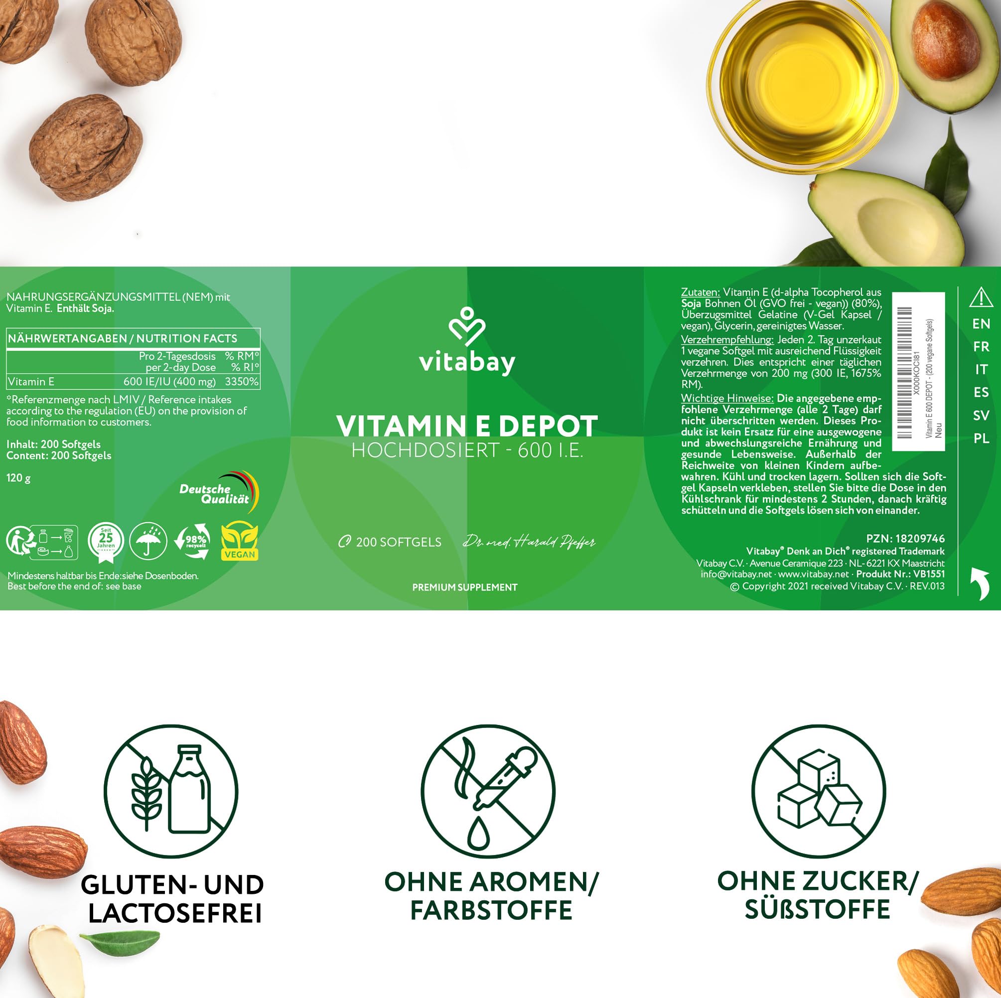 Vitabay Vitamin E 600 I.E. Depot – 200 vegane Softgel Kapseln – natürliches D-Alpha-Tocopherol – hochdosiert – schützt die Zellen vor oxidativem Stress – laborgeprüft – 12 Monate Vorrat