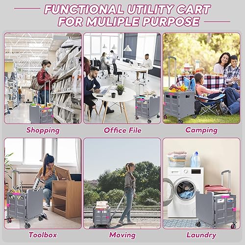 Miniatura 8 de FELICON SELORSS - Carrito plegable con ruedas, 4 ruedas giratorias con mango ajustable, tapa magnética extendida para profesores, mudanzas, tiendas,