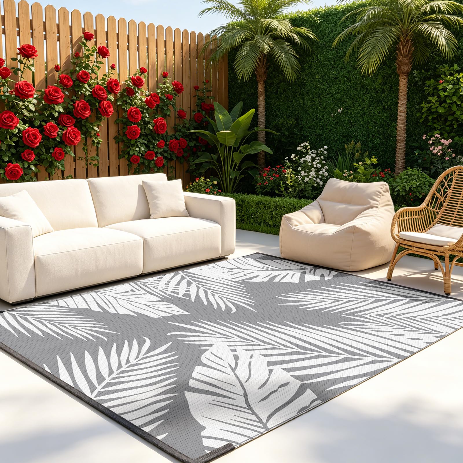 AUAUY Outdoor Rug, Waterproof Reversible Garden Rug, Leaf Pattern, UV-Resistant Plastic Straw Rugs, Lightweight Foldable Carpet for Backyard, Picnic, Beach, Camping, Balcony (Grey, 150x240cm)