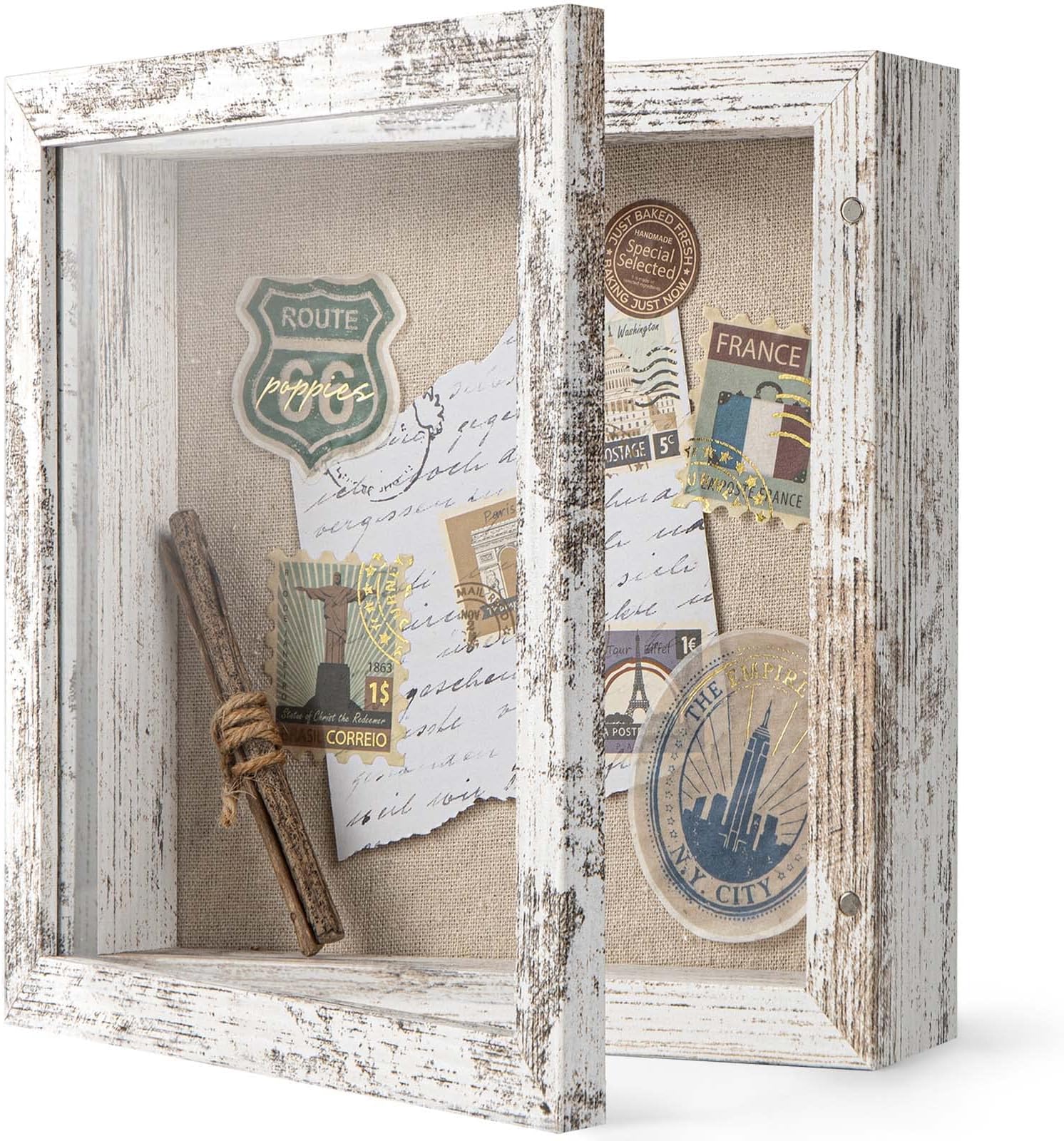 8x8 Shadow Box Frame with Soft Linen Back - Easy Opening Memory Display Case of Flower, Pictures, Art and More, Rustic White