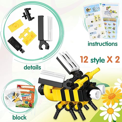 Miniatura 5 de U-Goforst Paquete de 24 regalos para el día de San Valentín para niños, bloques de insectos, kits de construcción de juguetes con tarjetas de San