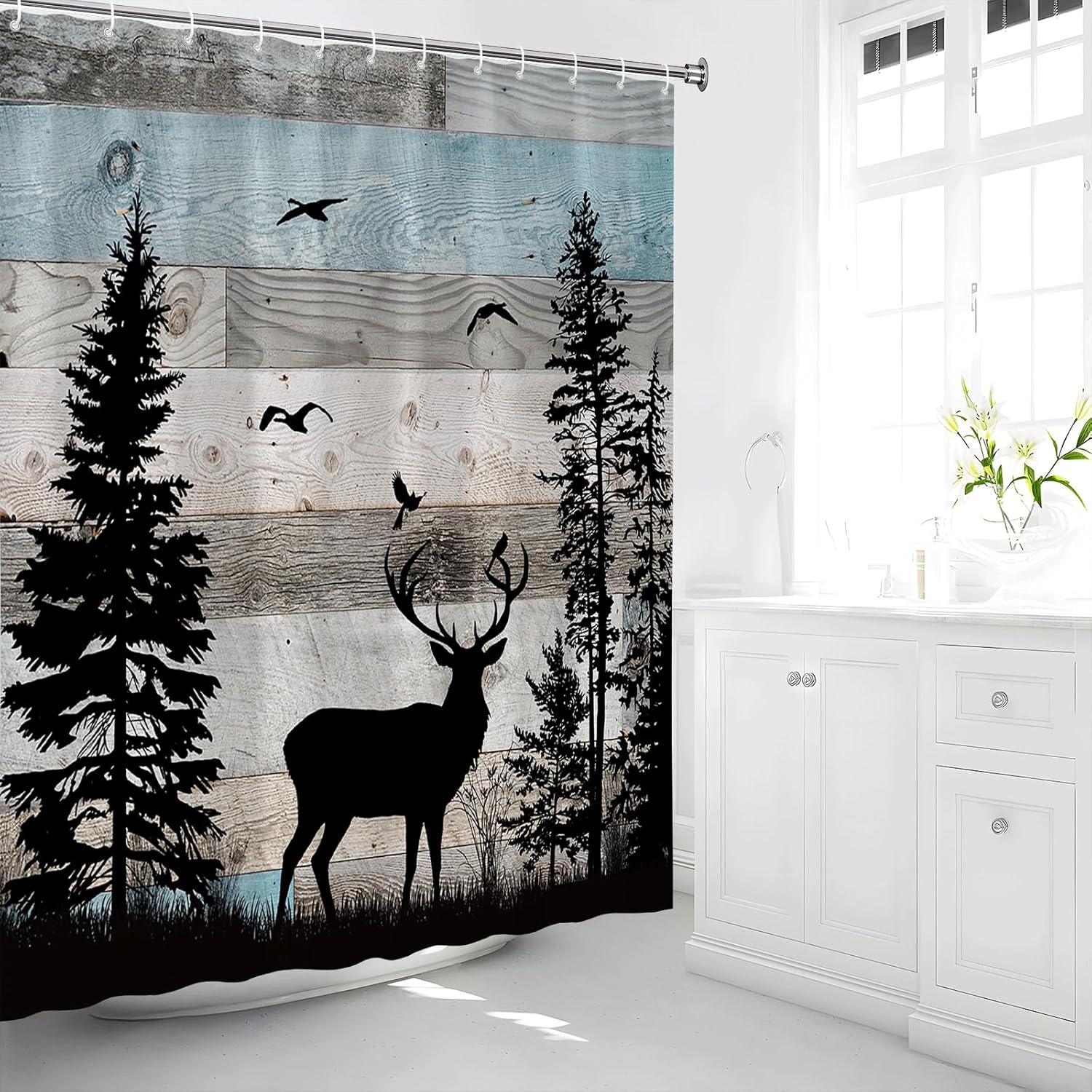 Rustic Forest Deer Shower Curtain Cabin Farmhouse Country Lodge Wild Animal Hunting Camping Vintage Barn Wood Board Bathroom Decor Polyester Fabric Bath Curtain Set with Hooks 70W x 90H inch