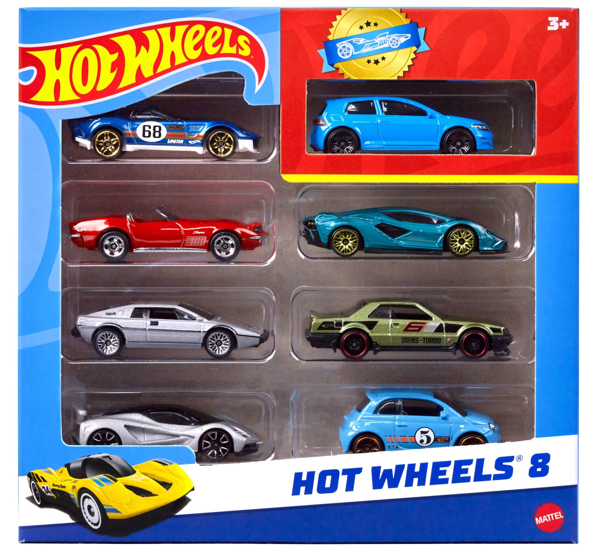 Set of 8 Basic Toy Cars & Trucks in 1:64 Scale, Includes 1 Exclusive Car, Different Mixes Released Throughout the Year, Styles May Vary, HPV78