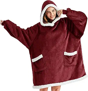 Bedsure Blanket Hoodie, Wearable Blanket for Adults & Kids as Gifts for Women Men, Birthday Gifts for Women Mom Girl Sherpa Oversized Hoodie, Burgundy, Small