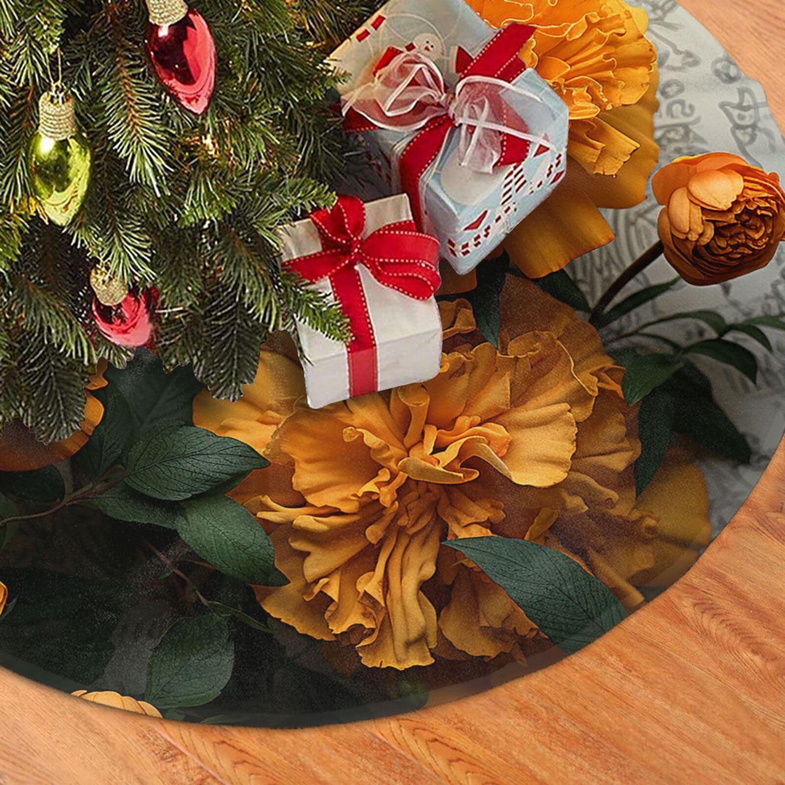 Fodpand Black Marigold Christmas Tree Skirt 36" Velvet Xmas Tree Skirt Mat Rustic Christmas Tree Mat Cover Winter Xmas Tree Collar For Indoor Outdoor Christmas Decorations
