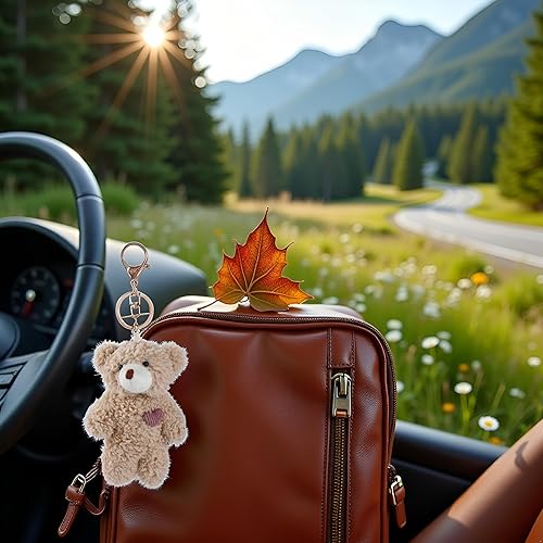 Miniatura 4 de Llavero de peluche de oso marrón con corazón rosa para mochila, llavero de felpa de algodón suave para manualidades, manualidades, animales de