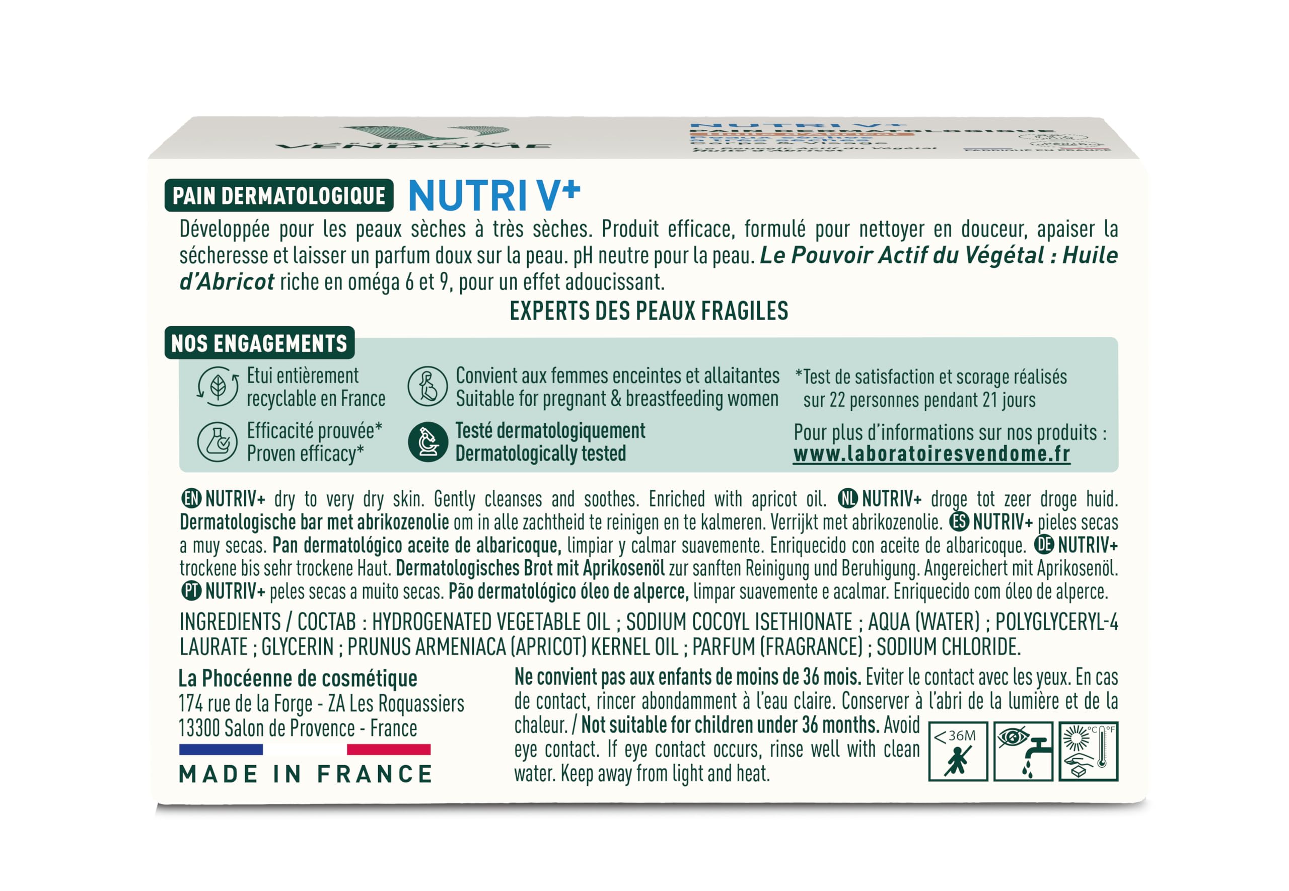 LABORATOIRES VENDÔME - NUTRI V+ - Pain Dermatologique Huile d'Abricot - Corps & Visage - Nettoie en Douceur & Nourrit - pH Neutre & Sans Savon - Haute Tolérance - Peaux Sèches à Très Sèches - 100g