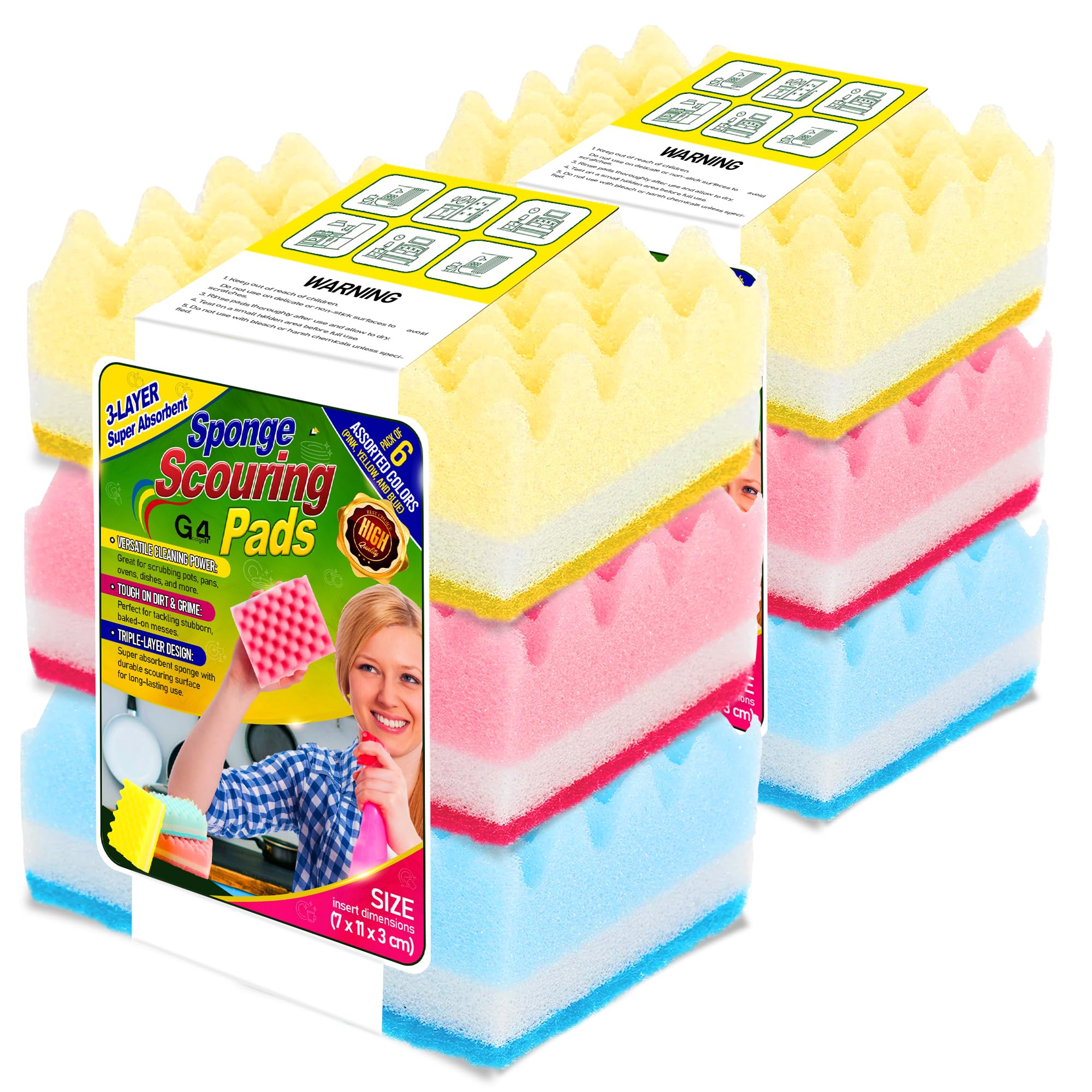 G4GADGET Heavy Duty Scourer Sponges 6 Pack – Extra Absorbent Dual-Sided Kitchen Sponge for Washing Up, Non-Scratch Cleaning Pads for Dishes, Pots, Pans & Car Cleaning – Durable Foam & Scrub Pad