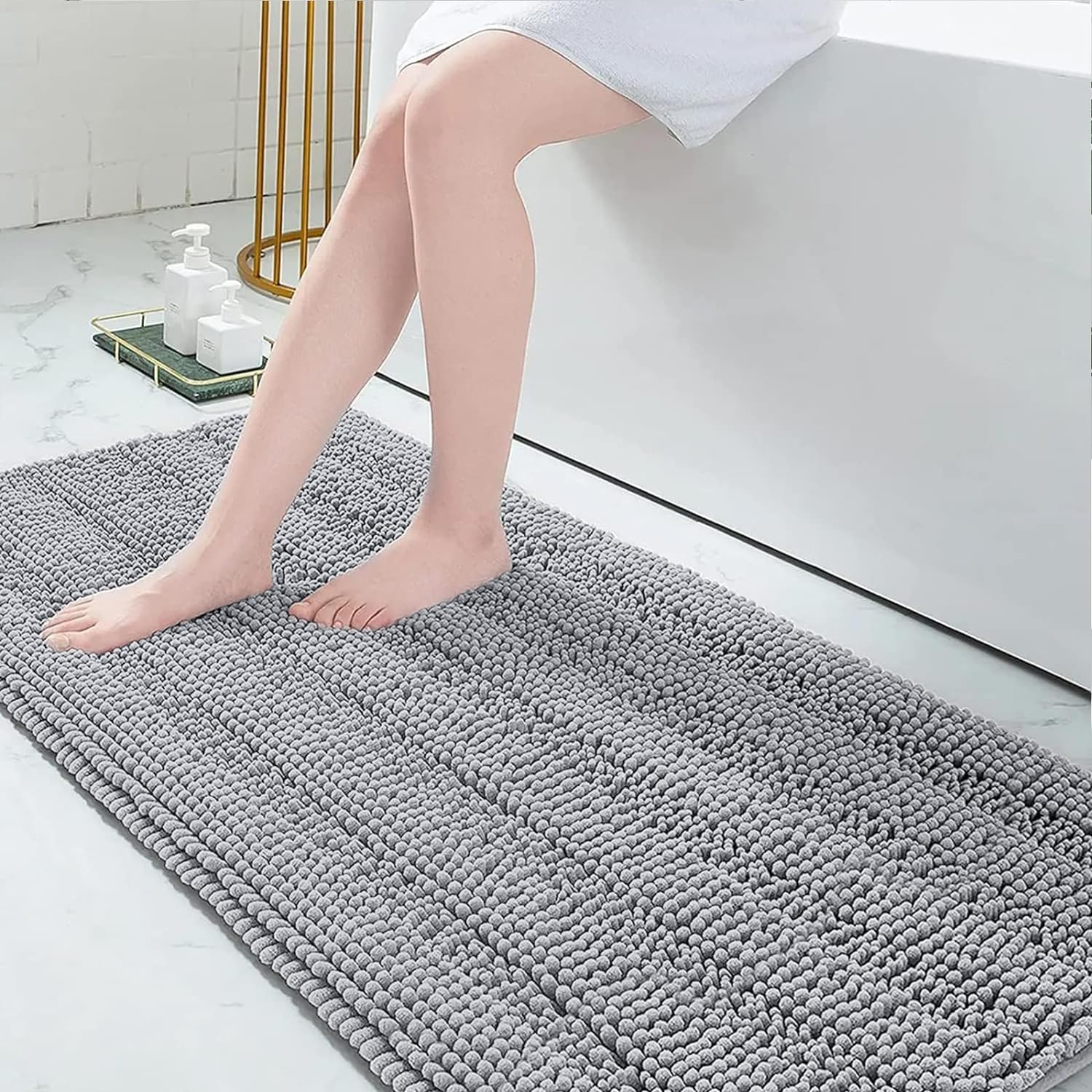 Grandaily Chenille Bathroom Rugs 70x24, Soft Bath Mats, Light Grey