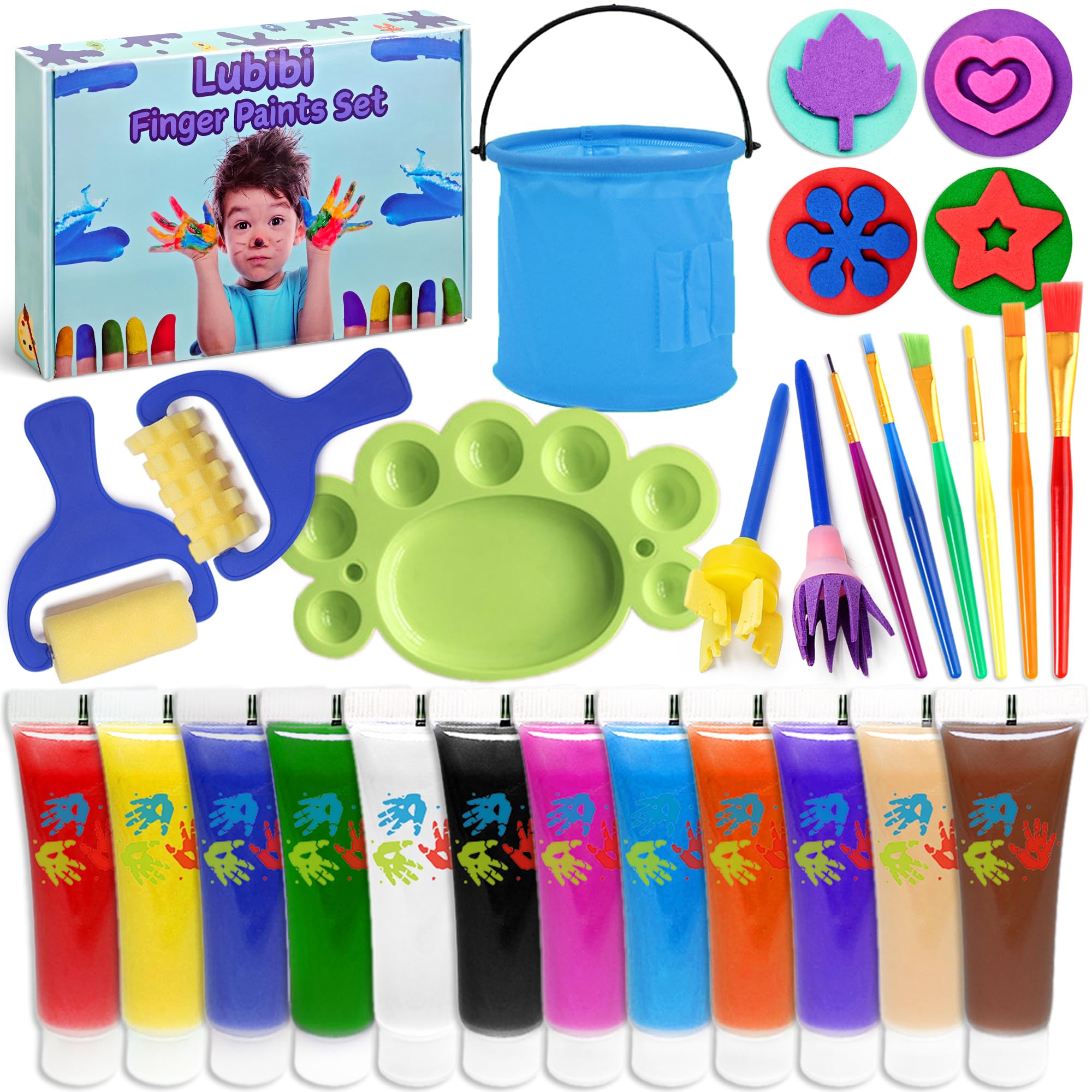 Lubibi Peinture au doigt pour tout-petits,Lavable pour Enfant Non Toxique Kit,12 couleurs, fournitures de peinture d'art sûres pour enfants,Apprentissage Précoce Petits Cadeau