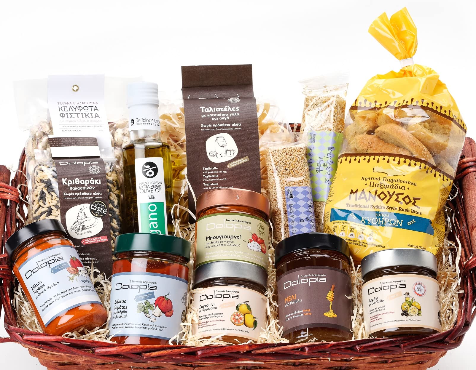 Die Scheune GmbH - Geschenkkorb / Präsentkorb preisgekrönte Griechische Delikatessen Olymp mit Vorspeise, Teigware, Olivenöl aus Kreta, Pistazien, Tomatensaucen, Honig,