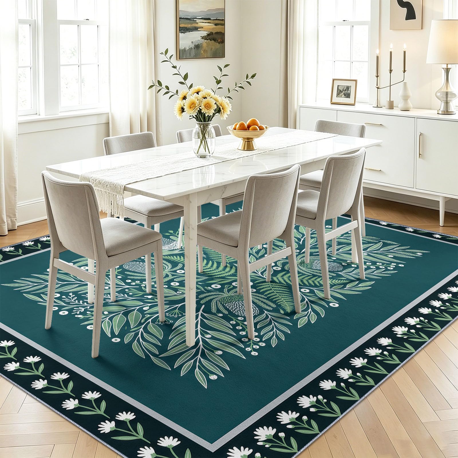 Nature Style Scandinave Tapis Salon, Fougères Feuilles Fleurs Pissenlits Imprimé Moquette Chambre Meubles Décor, Vert Foncé Résistant Aux Taches Facile À Nettoyer Support en Caou Tapis, 100 x 150 cm