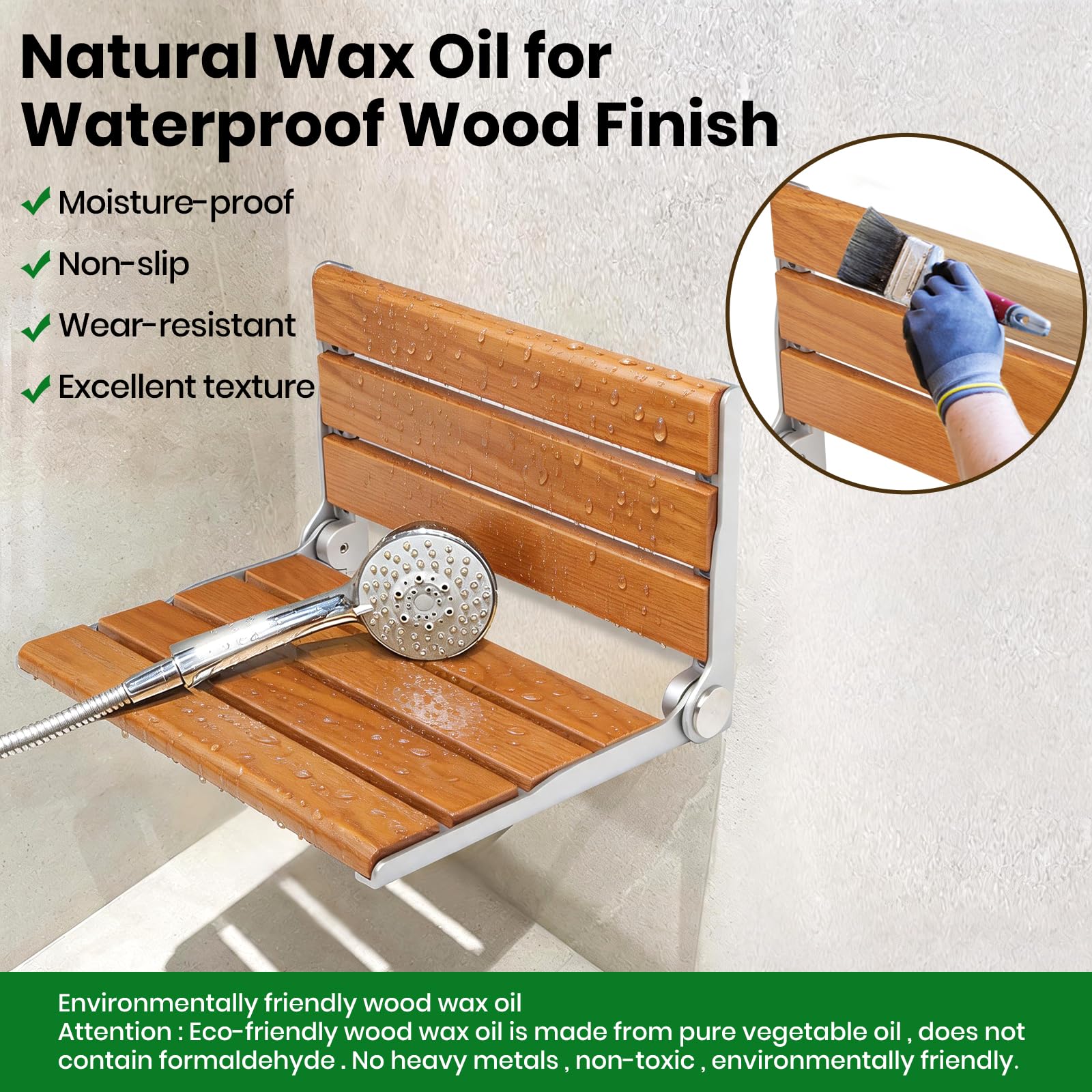 Asiento de ducha plegable montado en la pared, silla de ducha plegable de 16 pulgadas, silla de madera maciza, marco de acero inoxidable, 400 libras, asiento de ducha plegable que ahorra espacio