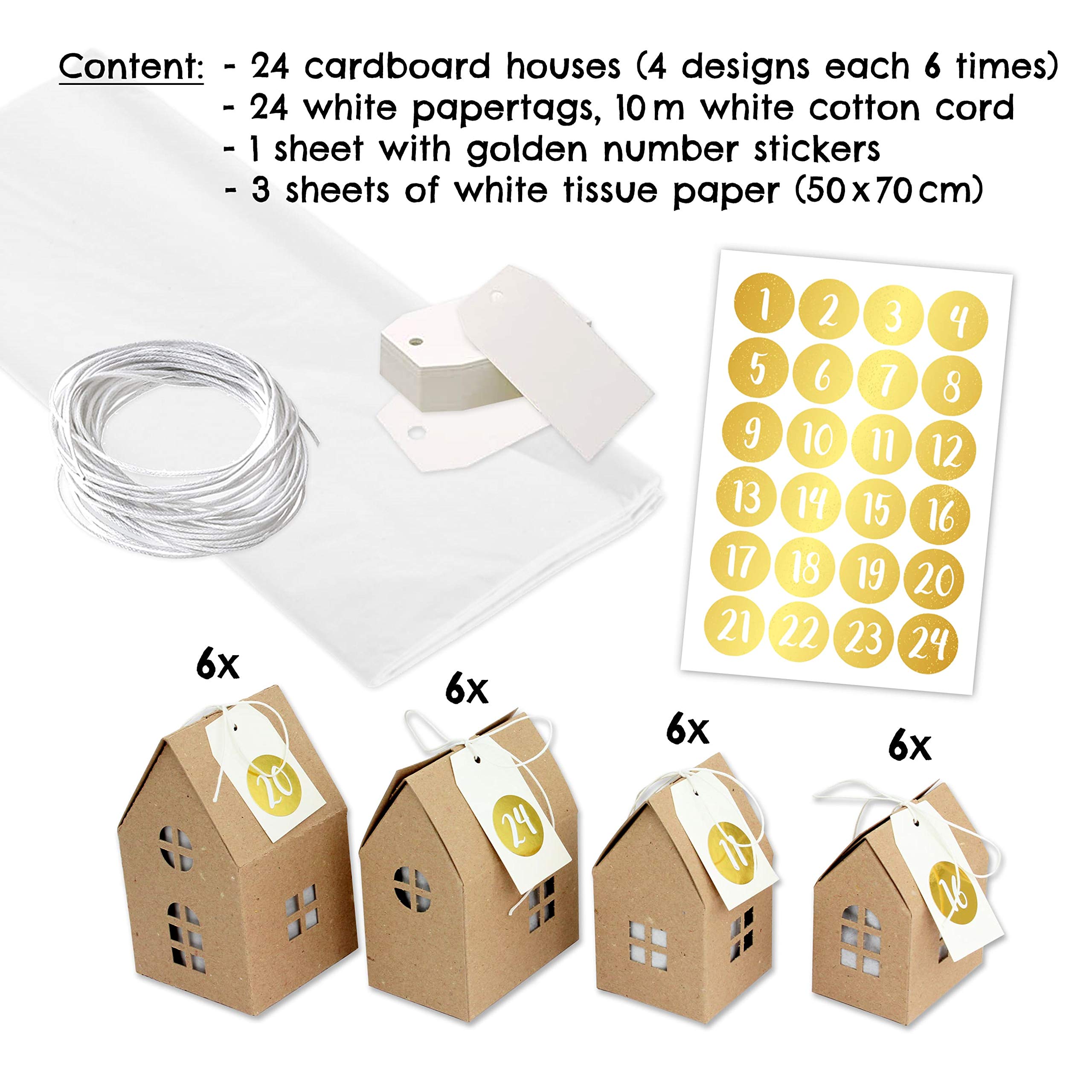 Papierdrachen Calendario de Adviento DIY para Hacer Manualidades y Rellenar - Juego de Casitas con Pegatinas de números Dorados - 24 Cajas de Color marrón Natural de cartón de 400g/m² - Reutilizable