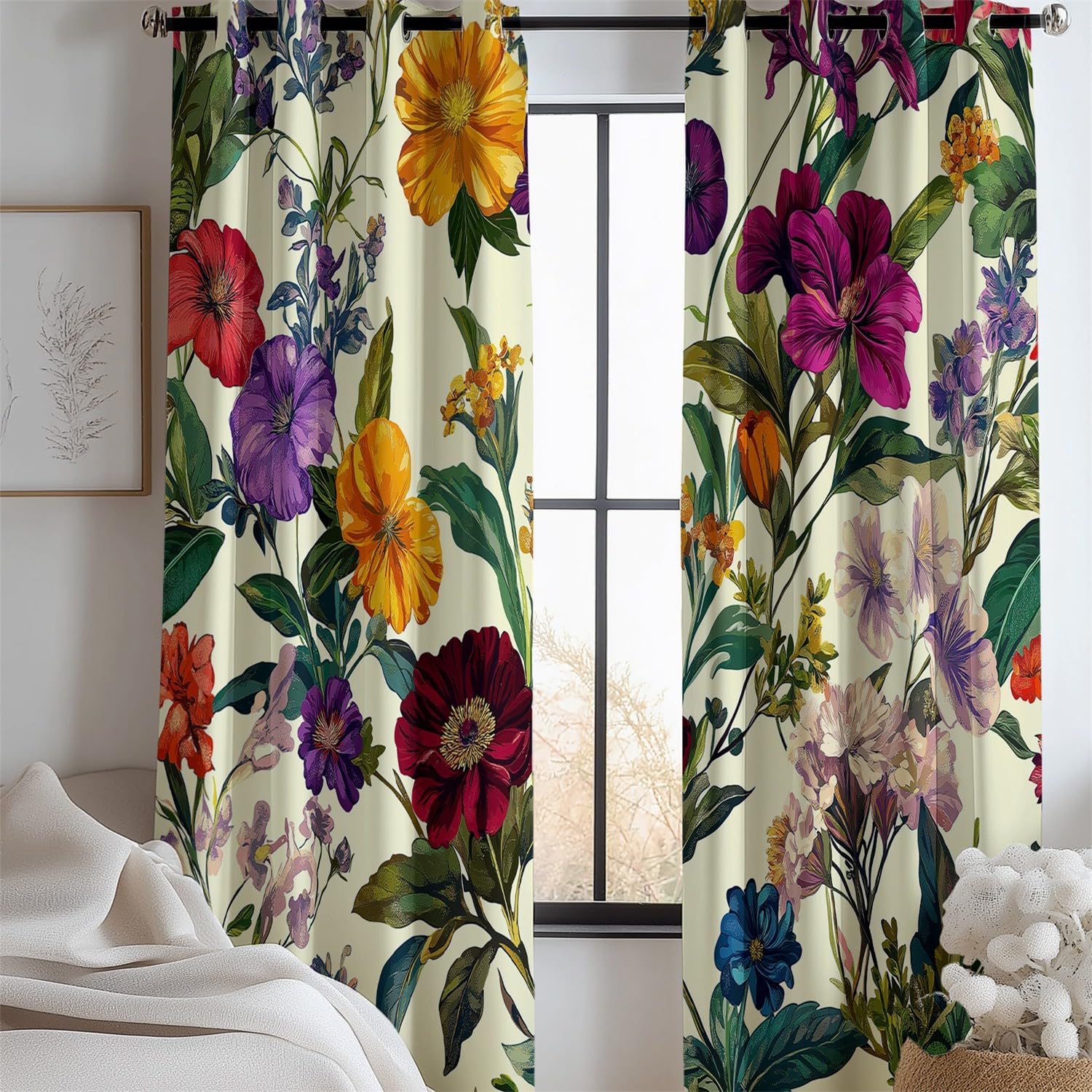 Blickdicht Vorhang mit Elegante Pflanzen Und Blumen Muster Vorhang mit Ösen Thermovorhang für Mädchenzimmer Wohnzimmer Schlafzimmer Fenstervorhänge Bunt für Zuhause H183 x B117 cm (2er Pack)
