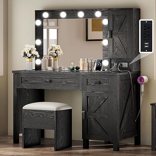 YITAHOME Farmhouse Makeup Vanity Desk with Mirror and Lights, Retro Big Vanity Table Set with Charging Station, Makeup Desk with 2 Drawers & 2 Cabinets, 10 Dimmable Light Bulbs, for Bedroom, Black