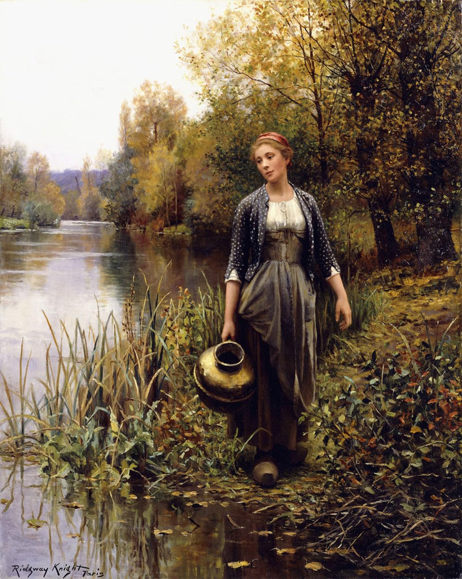HRJUBWREE Retro Picture Art Painting Wall Poster At the Water by Daniel Ridgway Knight Vintage Art Print for Office Decor 60x90cm