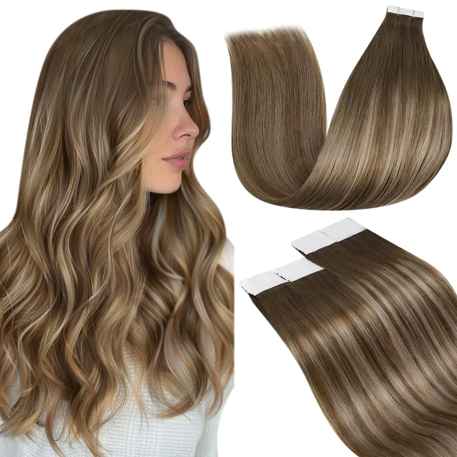 LaaVoo Tape in Hair Extensions Human Hair 50g Tape Hair Extensions Real Human Hair 24 Inch Invisible Tapes Remy Straight Balayage Light Brown to Blonde Hair Double Sided Tabs 20pcs #8/16/8