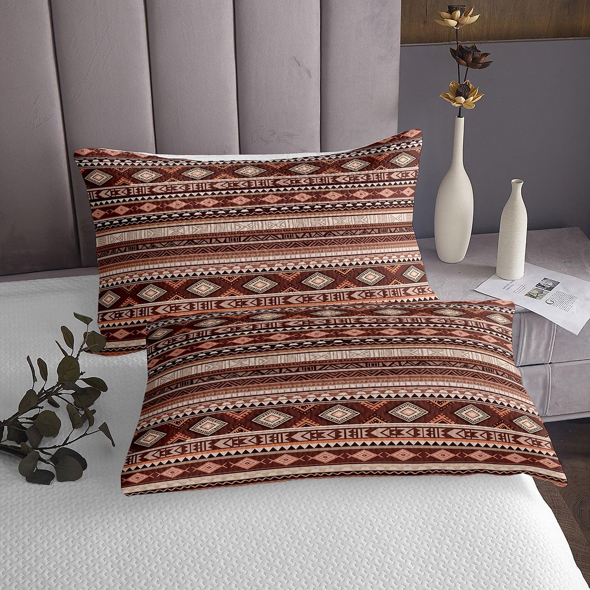 Homewish Boho Südwestlich Bedspread Bauernhaus Azteke Braun Tagesdecke 220x240cm Rustikales Geometrisches Muster Steppdecke für Kinder Westlicher Stammes Aztekenstil Bettüberwurf